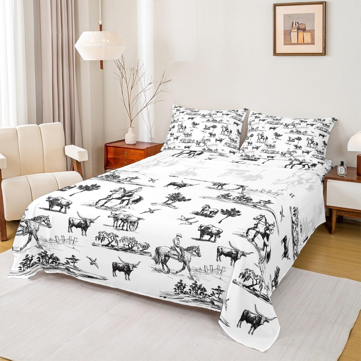 Western Sheet Set Twin Size Sketch Cowboy Cow and Horse Bedding Set 3Pcs Farm Animal Bed Sheet for Kids Boys Girls Adult Room Decor Black White Rustic Farmhouse Fitted + Flat Sheet,1 Pillowcase