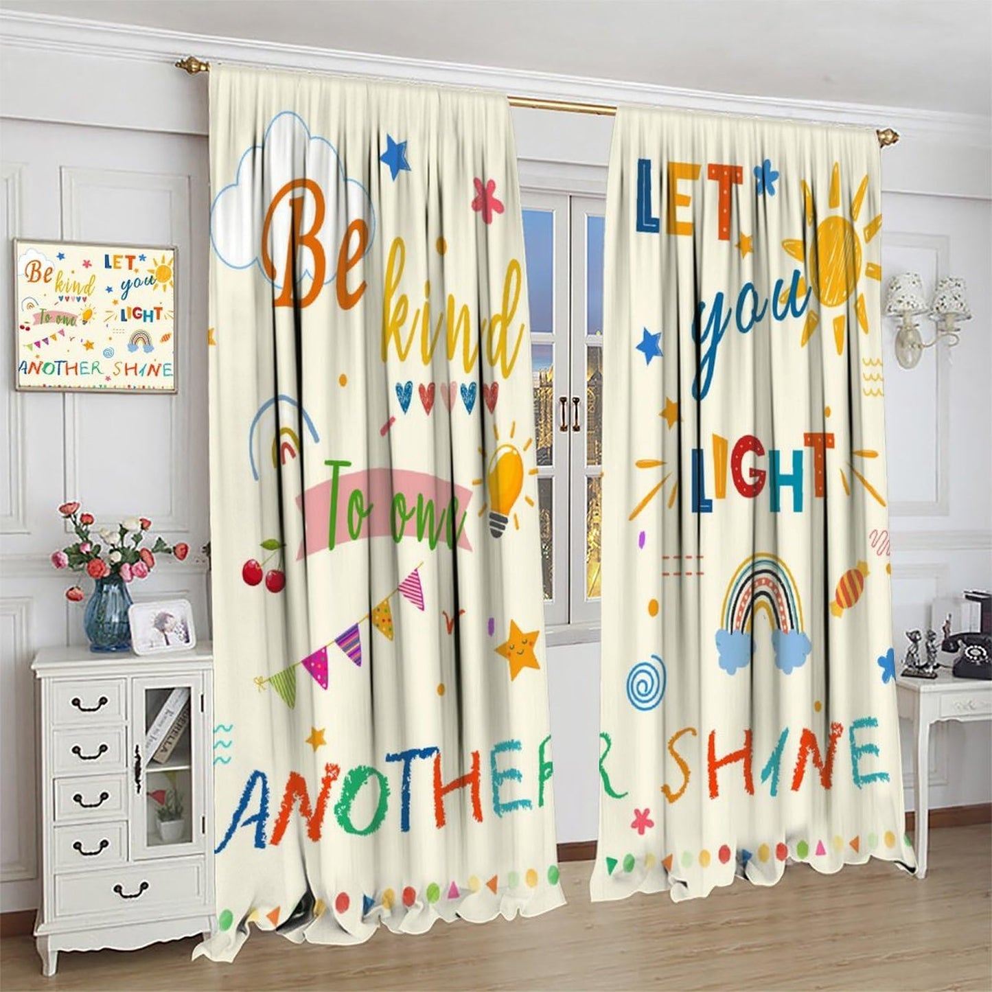 AAVEUP Cartoon Curtains for Kids,Colorful Early Childhood Learning Education Sun Rainbow Stars Cute Quotes Window Drapes for Nursery Boys Girls Bedroom Living Room 42x45in（No Blackout）
