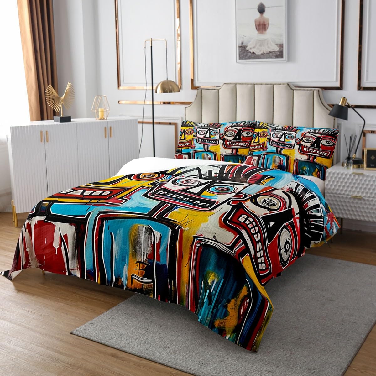 Homewish Abstract Graffiti Bedding Sets King Size,Street Art Bedspread 3Pcs for Kids Girls Boys Adult Room Decor,Red Blue Yellow Quilt Comforter Retro Hippie Style Coverlet,2 Pillowcases