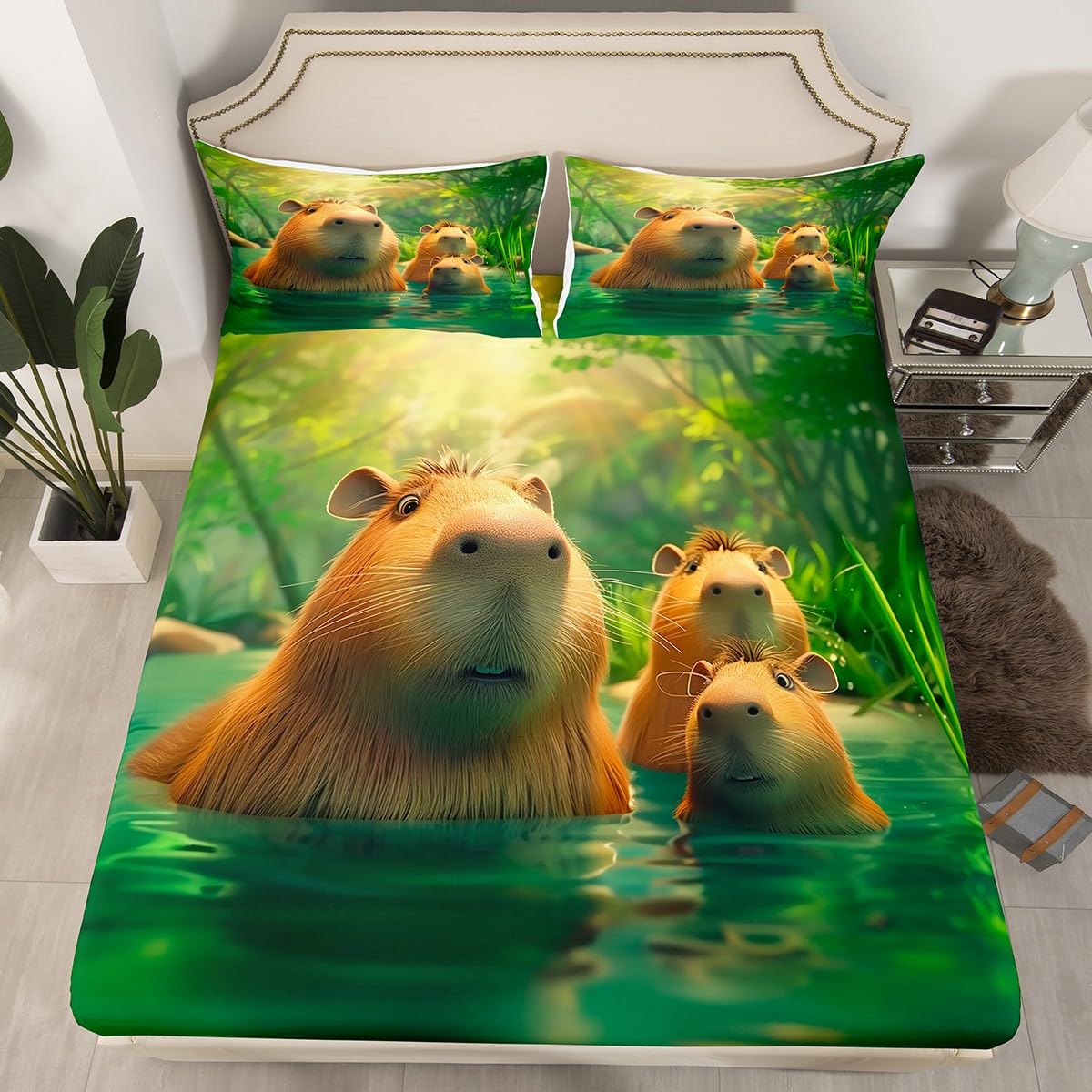 3D Capybara Kids Fitted Sheet Full Size,Lake House Fishing Bedding Set,Boys Girls Room Decor,Kawaii Animal Cartoon Wildlife Rustic Bed Cover,Green Brown Bed Sheet,2 Pillowcases