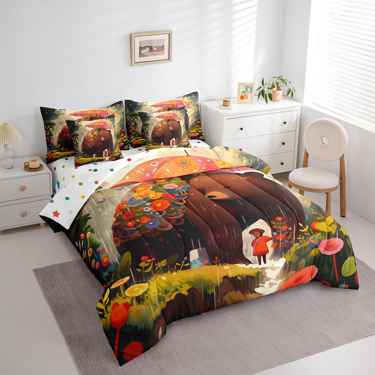 Erosebridal Kawaii Girl Bedding Set King Size, Cartoon Bear Comforter Set, Cute Bear Animals Flowers Kids Teens (Comforter+Fitted+Flat Sheet+2 Pillowcases+2 Throw Pillow Covers) 7 Pieces Bed Set