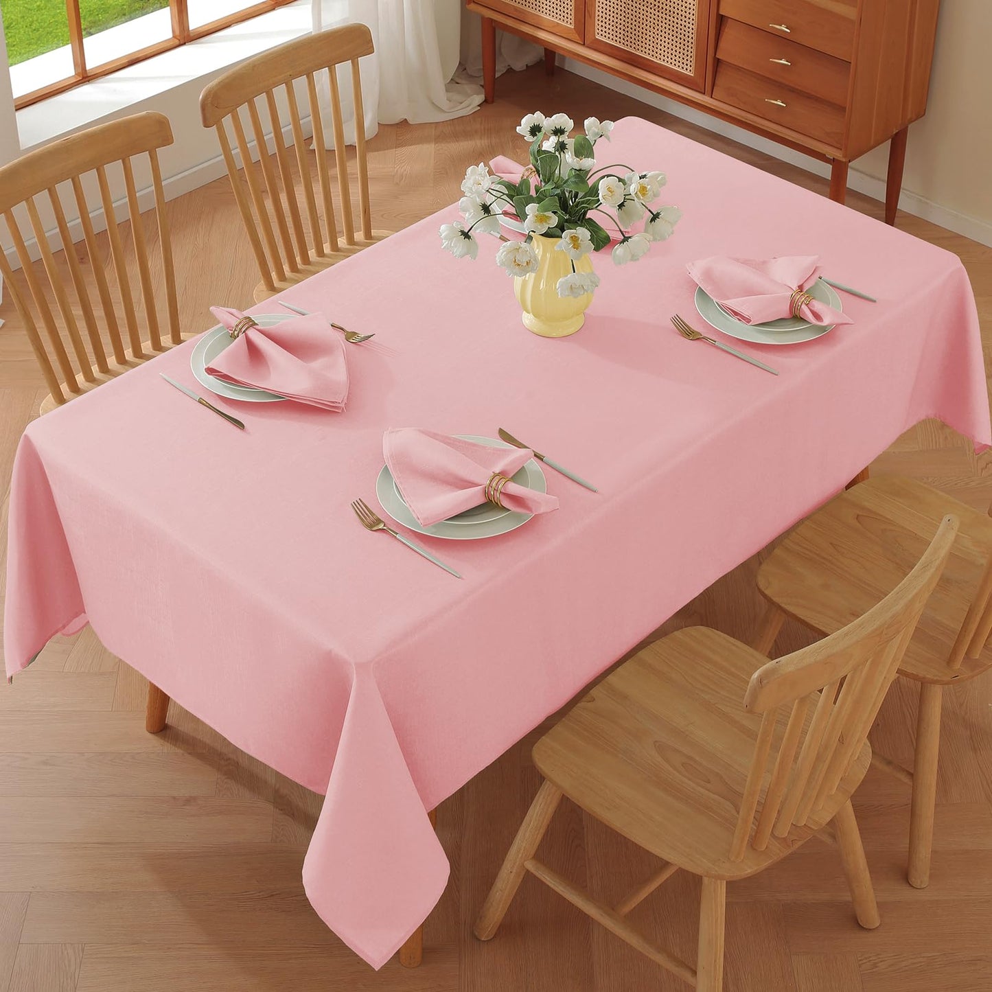 SASTYBALE Pink Tablecloth Rectangle, Spillproof Table Cloth Wrinkle Resistant Washable Textured Table Cover for Kitchen Dinning Parties Farmhouse Outdoor Pink 52" x 70"
