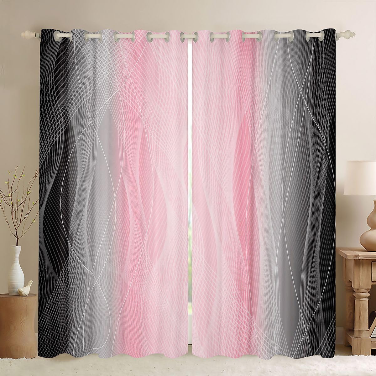 jejeloiu (2 Panels, 42 x 84 Inch Pink and Black Darkening Drapes Strip Lines Curtains for Bedroom Living Room for Kids Women Men Ombre Printed Blackout Curtains Geometric Window Treatments
