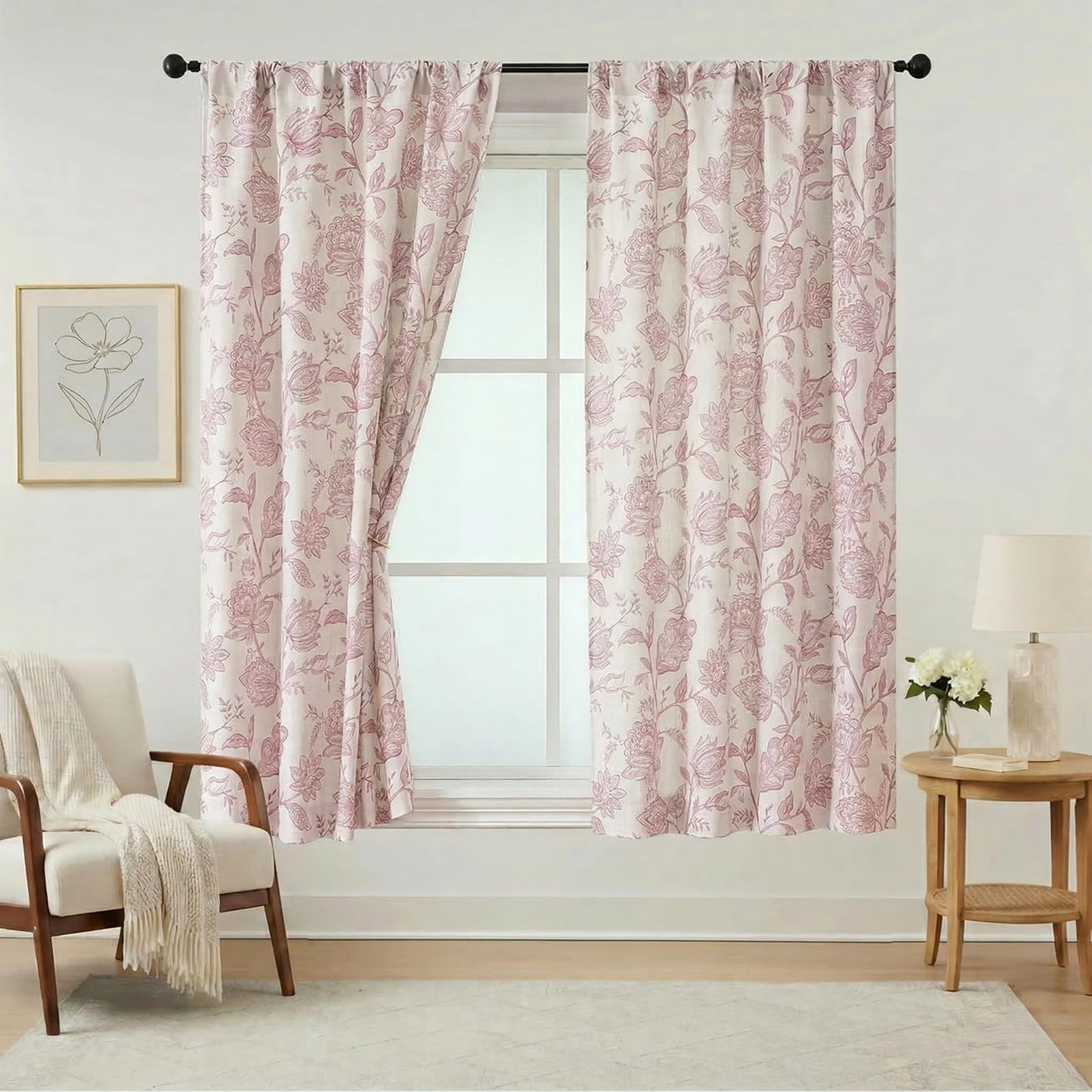Ebesto Floral Curtains 63 Inch Length - Light Filtering Faux Linen Flower Printed Window Curtains for Bedroom, Rod Pocket No-See Through Privacy Drapes, 2 Panels, Each 40Wx63L Inches, Blush Pink