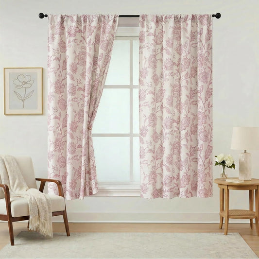 Ebesto Floral Curtains 63 Inch Length - Light Filtering Faux Linen Flower Printed Window Curtains for Bedroom, Rod Pocket No-See Through Privacy Drapes, 2 Panels, Each 40Wx63L Inches, Blush Pink