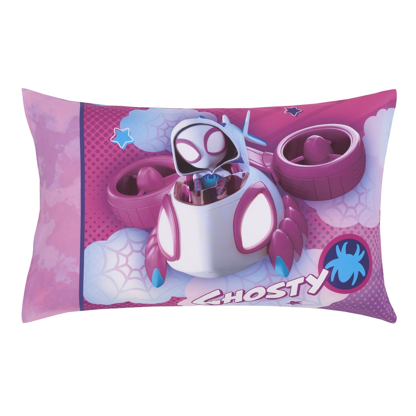 NoJo Marvel Ghost Spider, Go Ghosty Purple, Pink, and Blue 4 Piece Toddler Bed Set - Comforter, Fitted Bottom Sheet, Flat Top Sheet, and Reversible Pillowcase