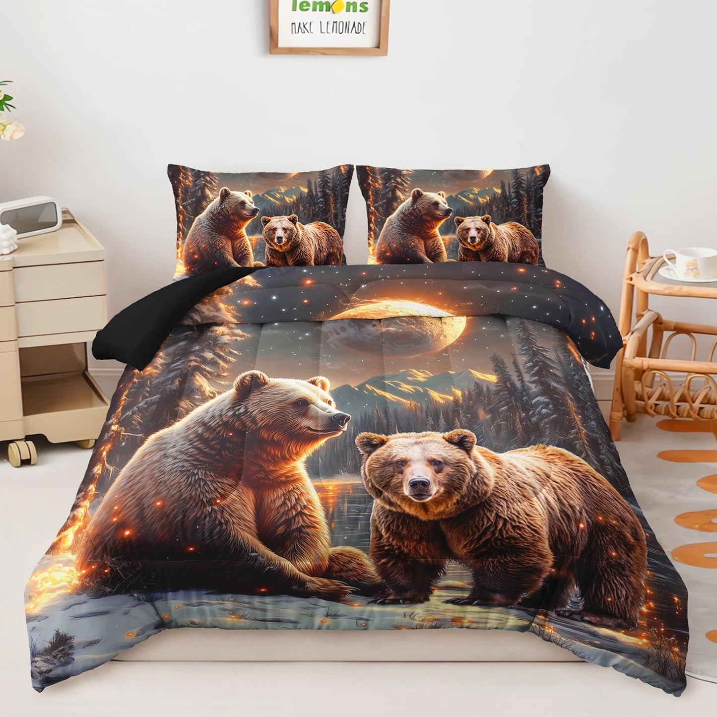 AILONEN Boys Rustic Bear Bedding Set Queen Size,Starry Brown Bear Comforter with 2 Pillowcases,3-Piece Snow Animal Soft Duvet Set