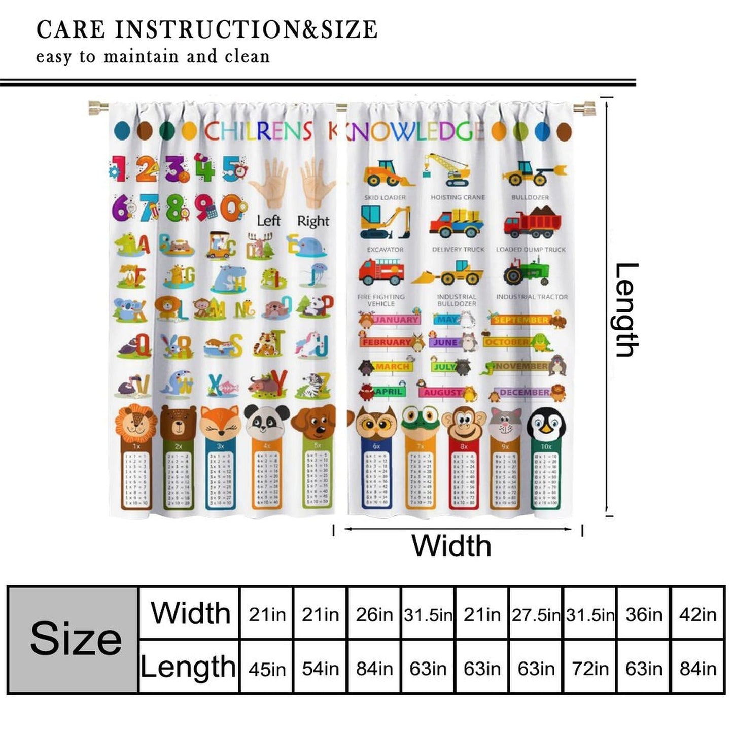 Alphabet Education ABC Curtains for Kids,Cartoon Early Childhood Enlightenment Children's Knowledge Numbers Multiplication Table Window Drapes for Boys Baby Nursery Bedroom 42x45in（No Blackout）