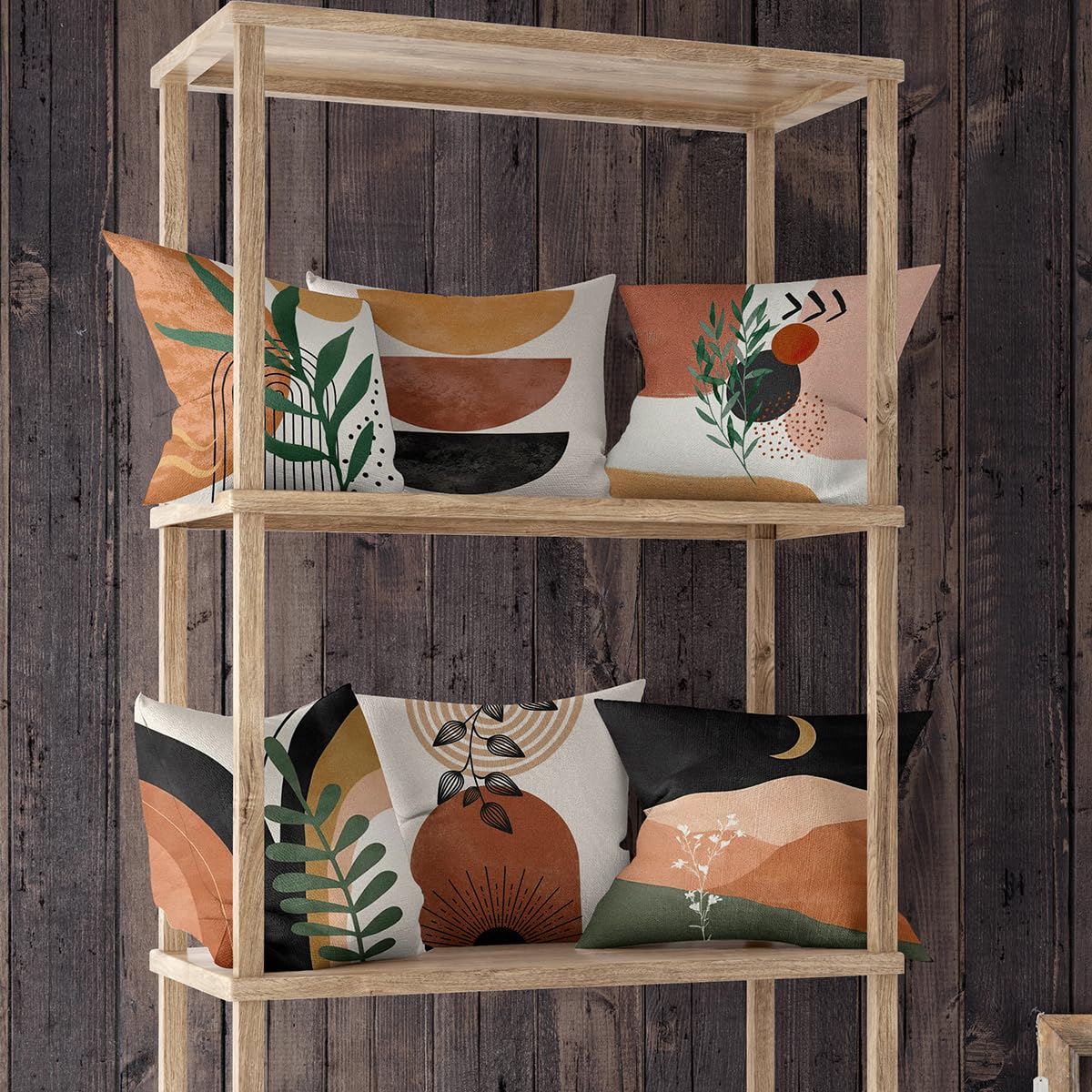 Ceexolliss Boho Mid Century Modern Throw Pillow Covers Set of 6, Sun Moon Leaves Arch Abstract Home Decor Bohemian Decorative Cushion Covers 18"X18"