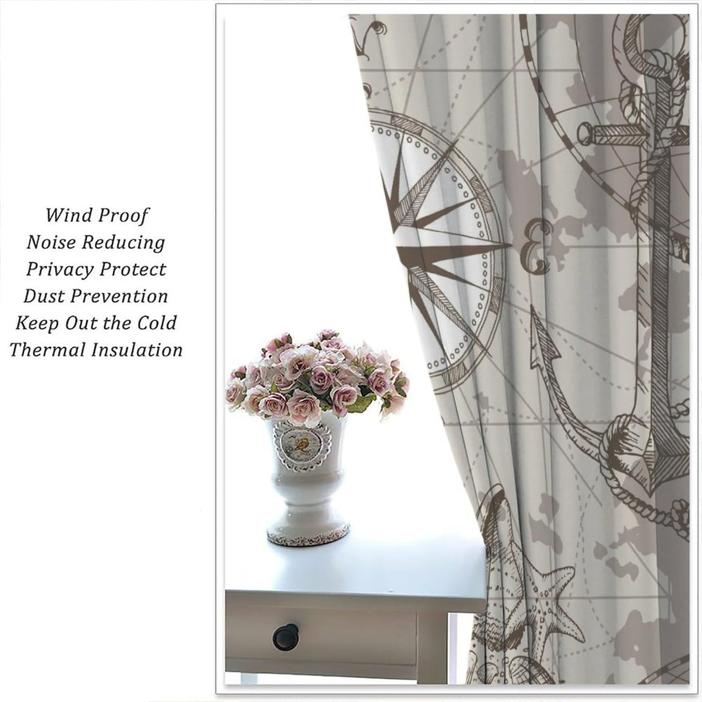 XBDDZSW Nautical Sailboat Map Curtains Sketch Pirate Ship Wheel Compass Starfish Coral Reef Nautical Map Pattern Print Window Drapes for Bedroom Living Room Kitchen Decor,2 Panel Set,42x45 Inch Decor