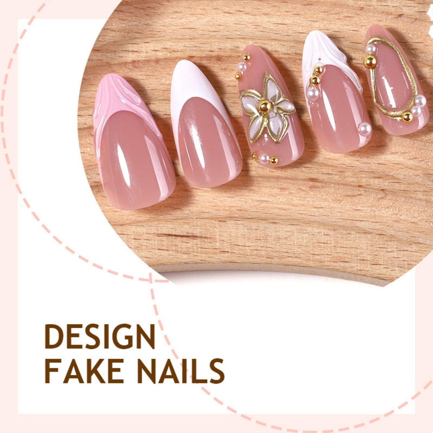 octoswave Press on Nails Medium Almond Fake Nails White French Artificial Nail with 3D Flowers Designs Stick on Nail for Women 24pcs