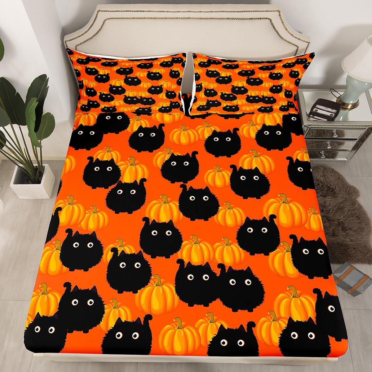 Black Cat Orange Pumpkin Bed Sheet 4 Piece,Halloween Cartoon Animal Sheets Full Size Bed Set,Cute Graffiti Farmhouse Style Bedding Set with Flat,Fitted Sheet,2 Pillow Cases
