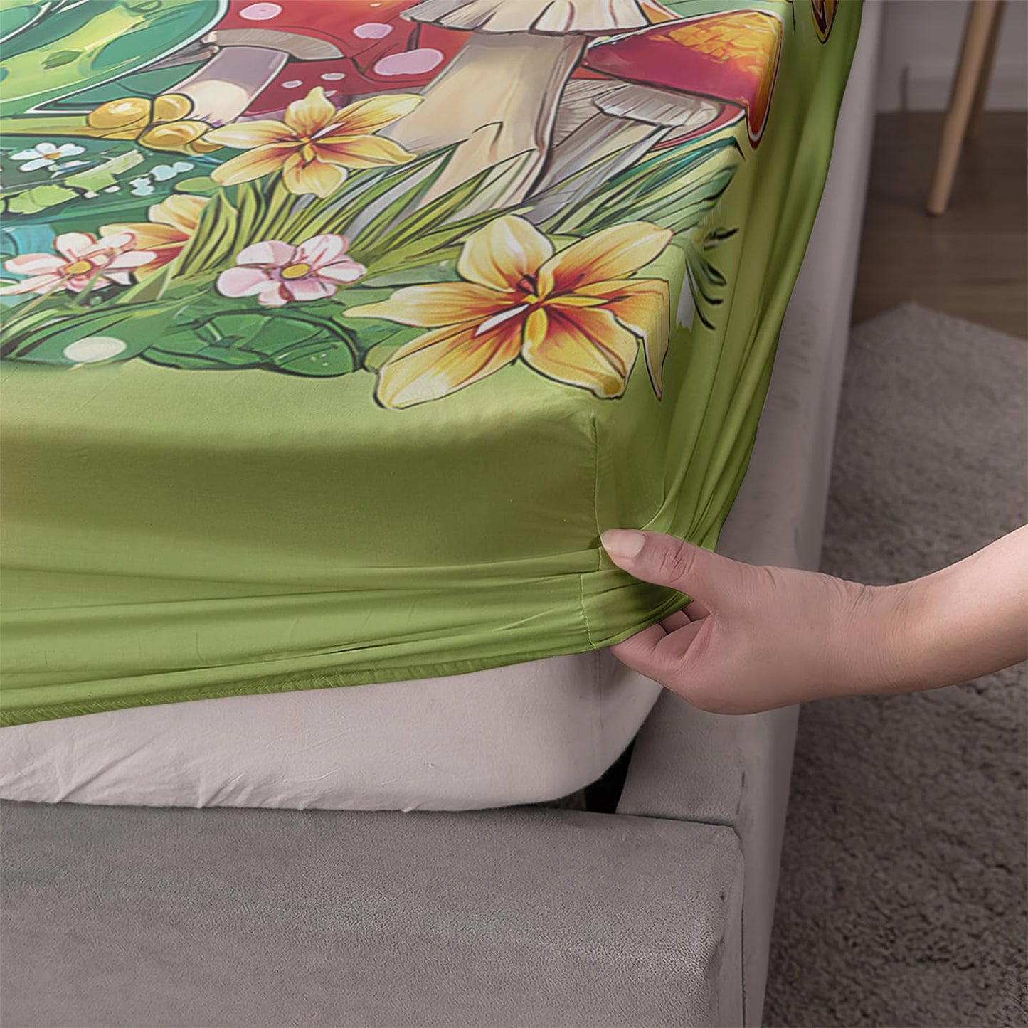 AILONEN Cartoon Green Frog Sheet Set Twin XL Size for Kids Girls Boys,Kawaii Green Wild Animals Bedding Set,Mushroom and Butterfly Bed Sheets,Super Soft Microfiber,1 Fitted Sheet and 2 Pillowcases