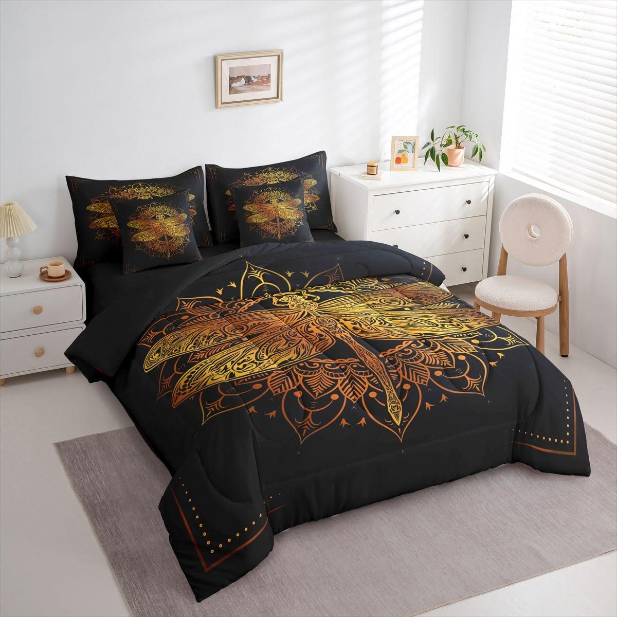 Erosebridal Gold Dragonfly Comforter Set Mandala Bed in A Bag King Size 7 Pieces Boho Bed Set Room Decor Exotic Style Bedding with Sheets