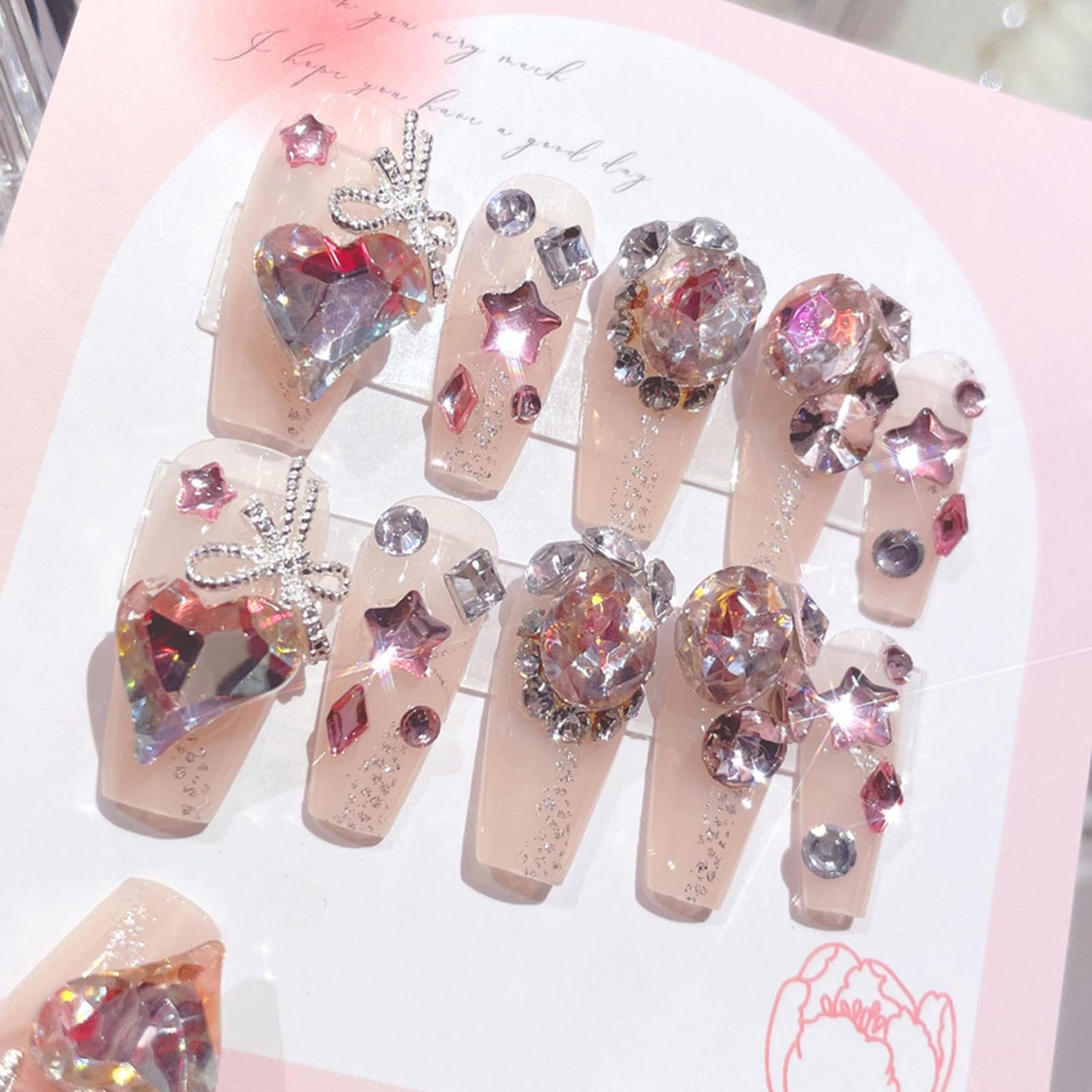 SINHOT Luxury Press on Nails - Long Coffin Fake Nails 3D Handmade Reusable False Nails with Rhinestone Designs,DIY Artificial Nail Art, 24pcs