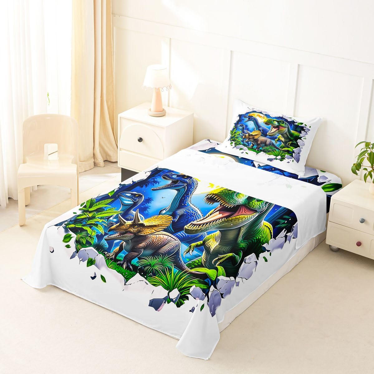 Feelyou Dinosaur Bed Sheets Set Twin Size 3D Digital Print Deep Pocket Fitted Sheet Jungle Dino Bedding Sets Wild Animal Soft Bed Set 3Pcs with 1 Pillow Cases White Green Blue