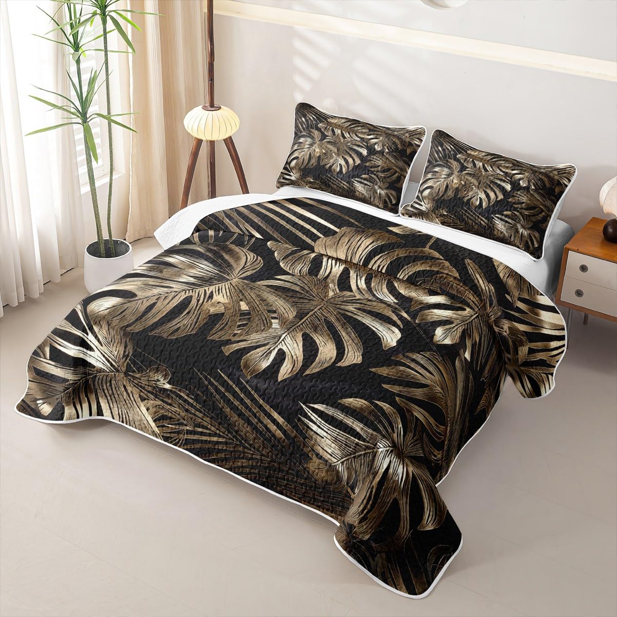 Erosebridal Palm Leaves Quilt Set Plant Branches Quilt Twin Hawaiian Tropical Theme Quilted Bedspread Black Gold Bedding Coverlet with 1 Pillowcase