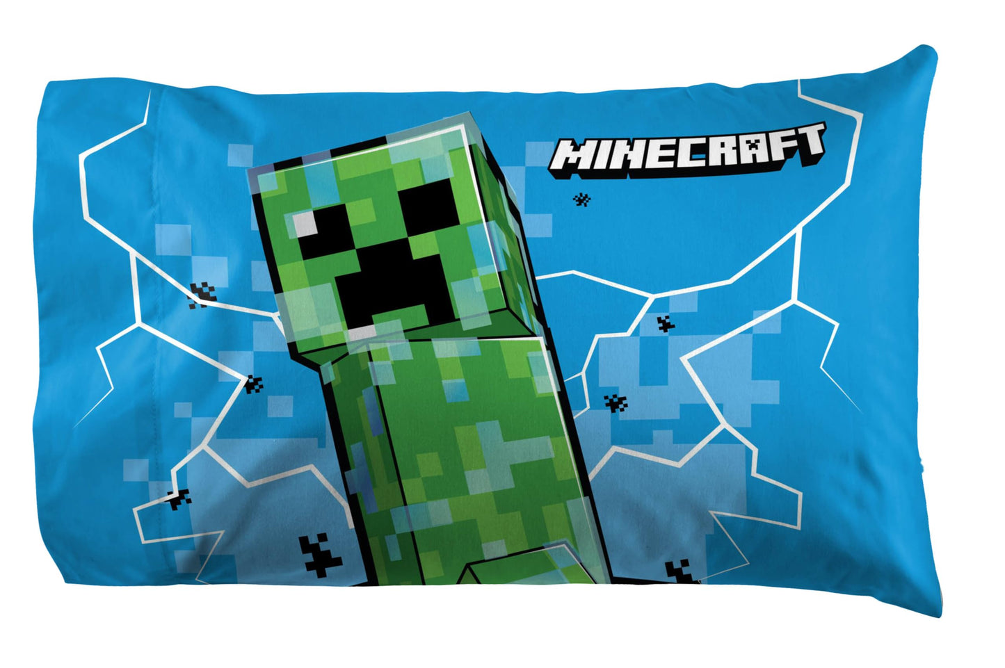 Jay Franco Kids Sheet Set with Fitted, Flat Sheets & Pillow Cover - Ultra-Soft Bedding with Pillowcase for Room Decor, Blue - Minecraft Creeper, 4 Piece Queen