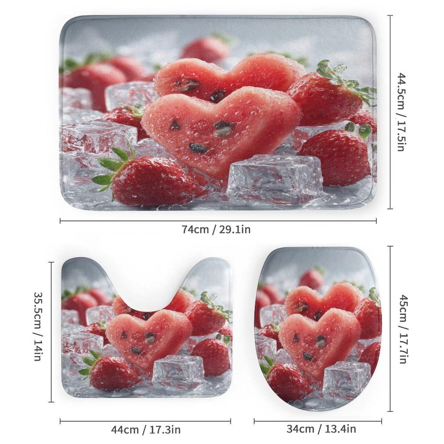 INSFBRB Rustic Colorful Watermelon Shower Curtain Sets with Rug,Toilet Lid Cover and Bath Mat,Realistic Modern Summer Ice Cubes Fruit Watermelon Strawberries 4 Piece Bathroom Set
