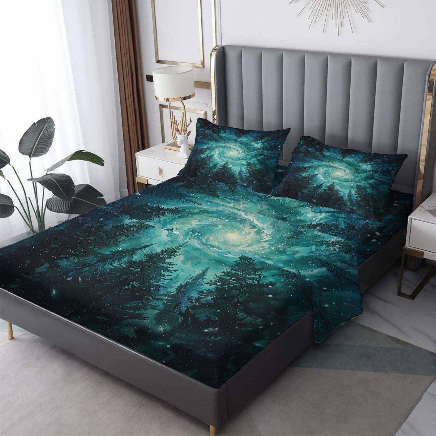 NOGAWA Forest Landscape Sheets King Size, Vortex Woodland Bed Sheets, Patterned Bedding Sheets & Pillowcases 4 Piece Set - Soft Microfiber Deep Pocket Fitted Sheet & Flat Sheet & 2 Pillow Cases