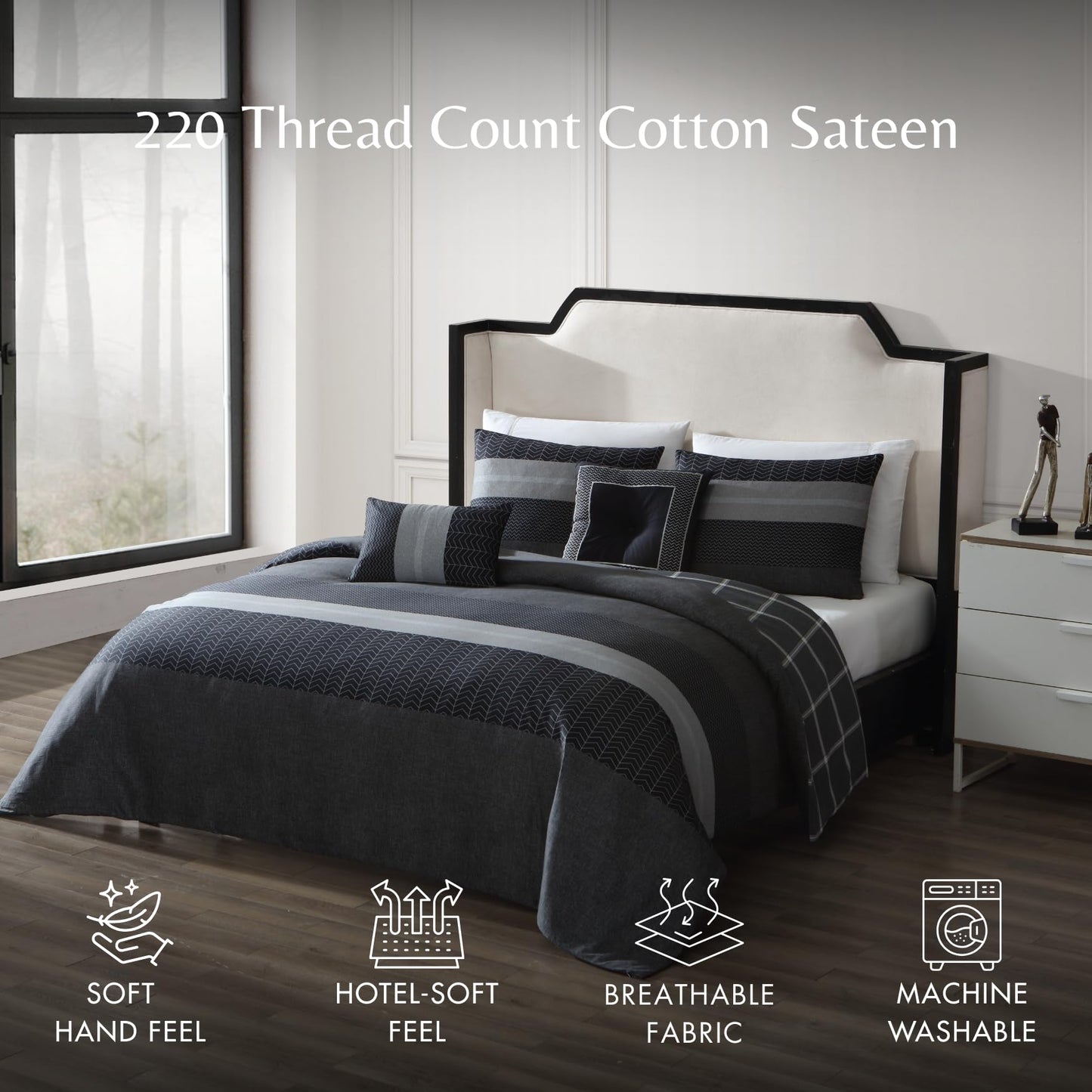 Bebejan Kyle 100% Cotton 5 Piece Comforter Set, Polyfill, Black, Gray Herringbone Tweed Printed Pattern, Reversible, 1 Comforter, 2 Shams, 2 Pillows (King/Cal King)