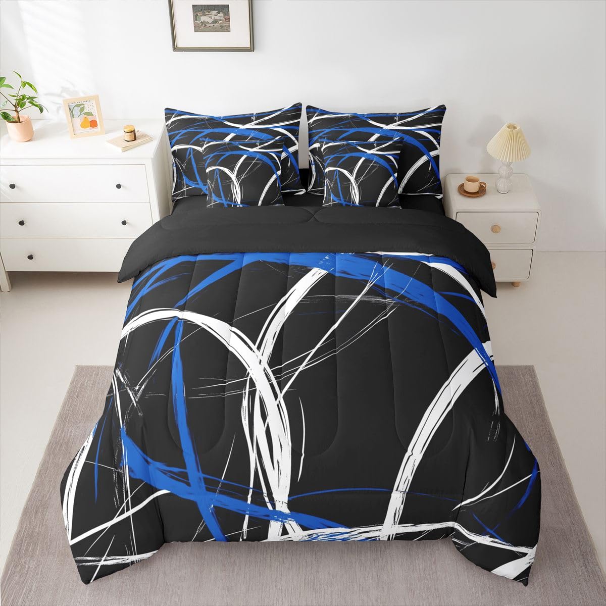 jejeloiu Modern Abstract Comforter Set Full SizeBlue Stripe 7 Pcs Bedding for Kids and AdultsGeometric Aesthetic Boys Girls Bed in a Bag Bed Sheet Sets with Fitted Sheet Pillowcases