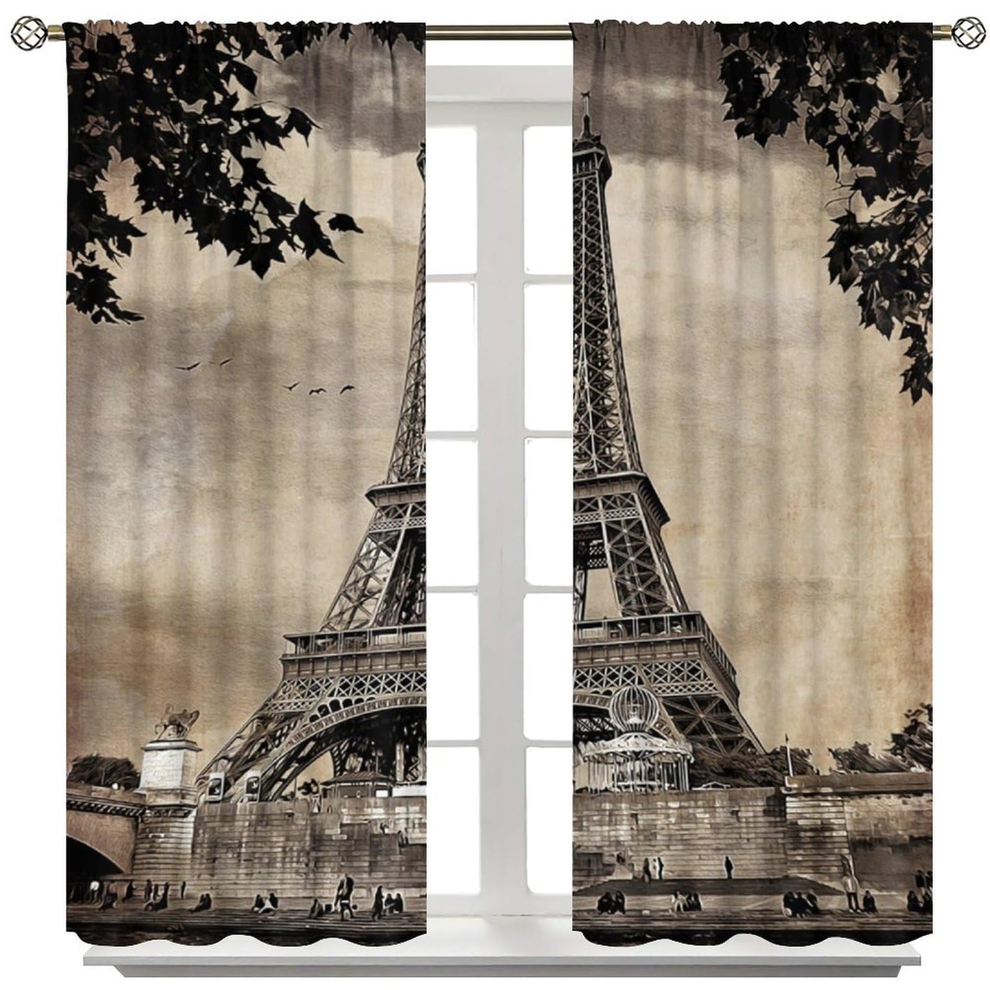 Wallira Paris Eiffel Tower Curtains European Famous Place Cityscape Scene Paris Landmark Decor Rod Pocket Window Treatments for Girl Women Aldult Bedroom Living Office Restaurant Drapes 41" W X 45" L