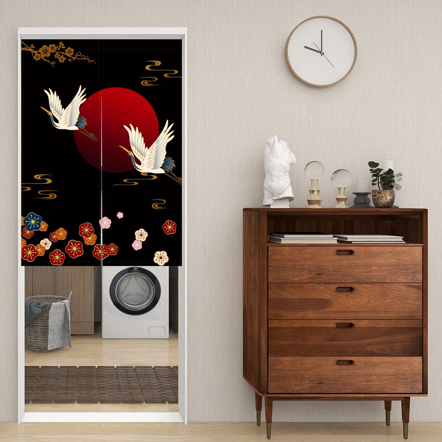 LIGICKY Noren Doorway Curtain Japanese Style White Cranes Red Sun Gold Colourful Cherryblossom Printed Cotton Linen Window Treatment Door Tapestry for Home Decoration 33.5" Width x 47.2" Long