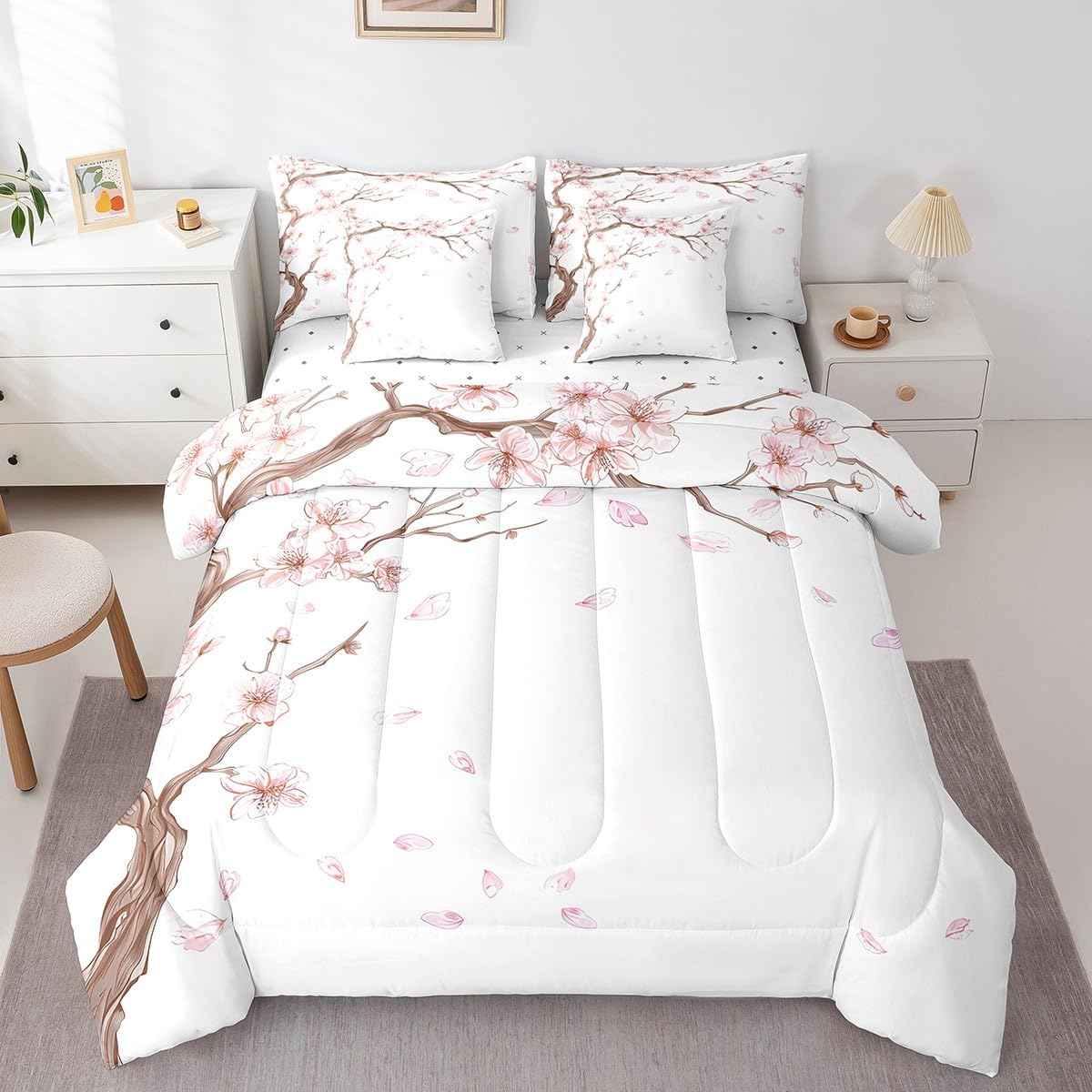Erosebridal 7 Piece Pink Cherry Blossoms Bed in a Bag for Adult Women Girls Romantic Theme Sheet Set Nature Flowers Bedding with Comforter Japanese-Style Cushion Covers, Full Size