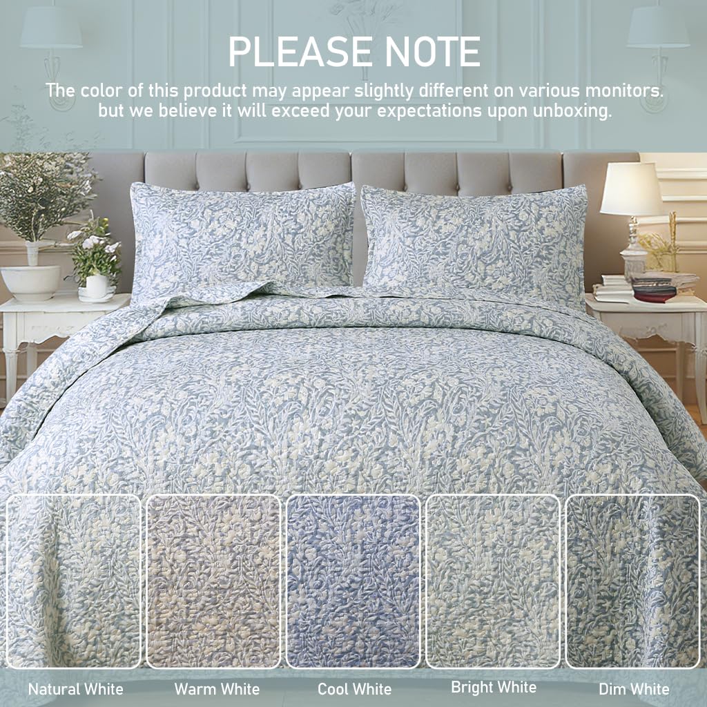 DURLENGEN Botanical Quilt Set King Size 3Pcs, Bluish Grey Printed with Beige Leaves Pattern,Soft Polyester Lightweight Bedspread for All Season Layering(King 106x96,Beige Botanical)