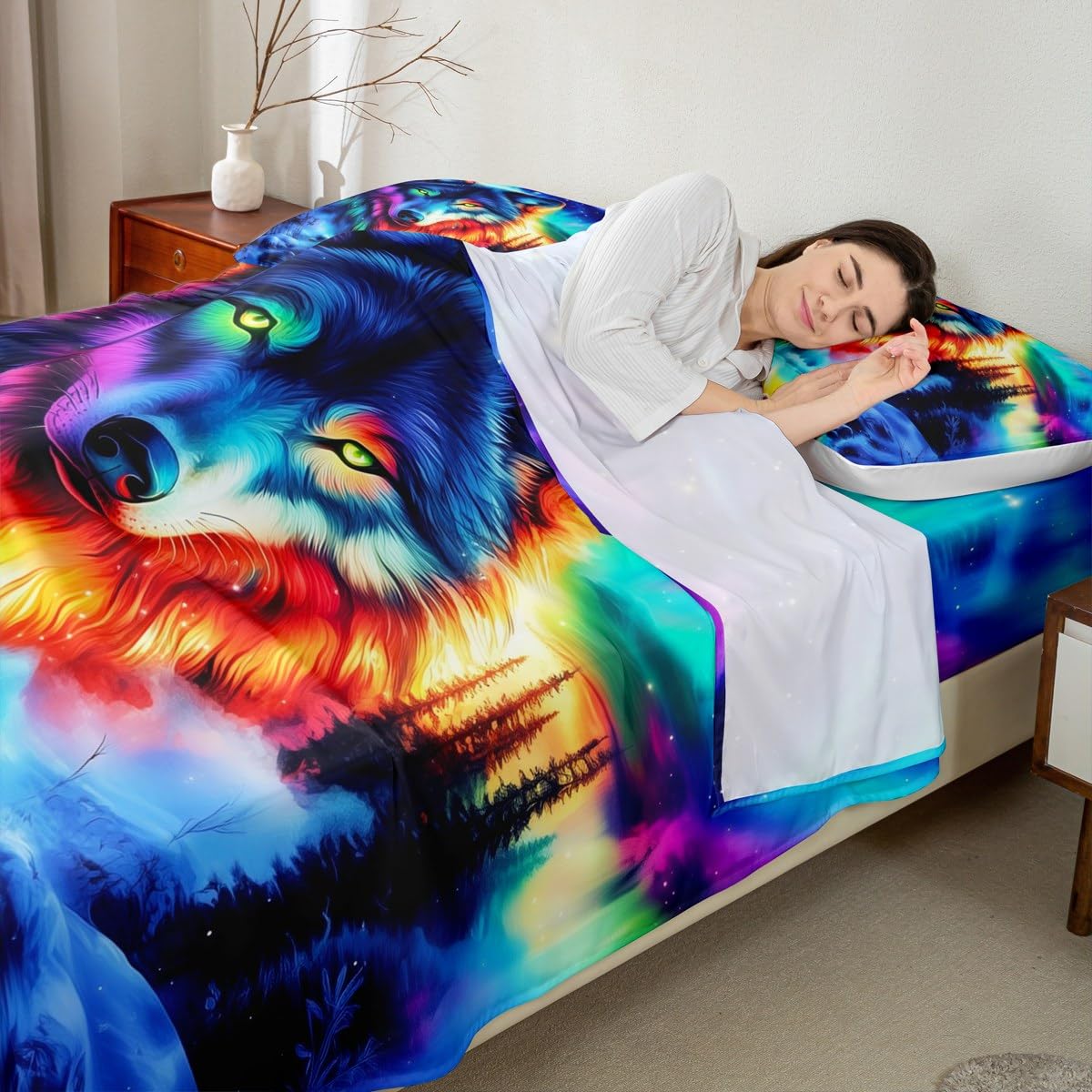 Erosebridal Wolf Full Bed Sheets Set Tribal Animal Flat Fitted Sheet Jungle Wildlife Bedding Set for Children Adult Women Men,Blue Starry Sky Natural Aurora Bedding Sets Watercolor, 2 Pillow Cases