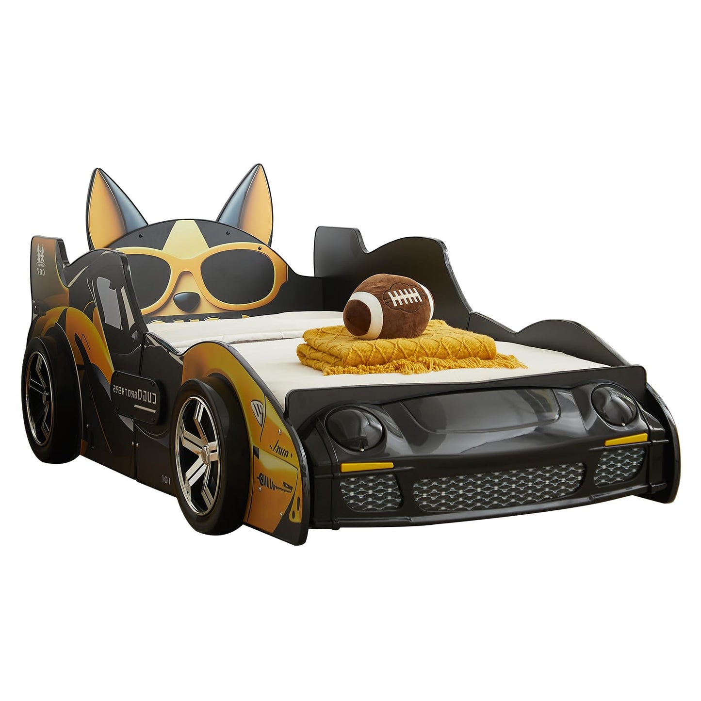 LKTART Twin Size Car Bed for Kids, Cartoon Dog Race Car-Shaped Wooden Platform Bed Frame with Headboard Wheels, LED Lights and Support Slats for Boys Toddlers Child