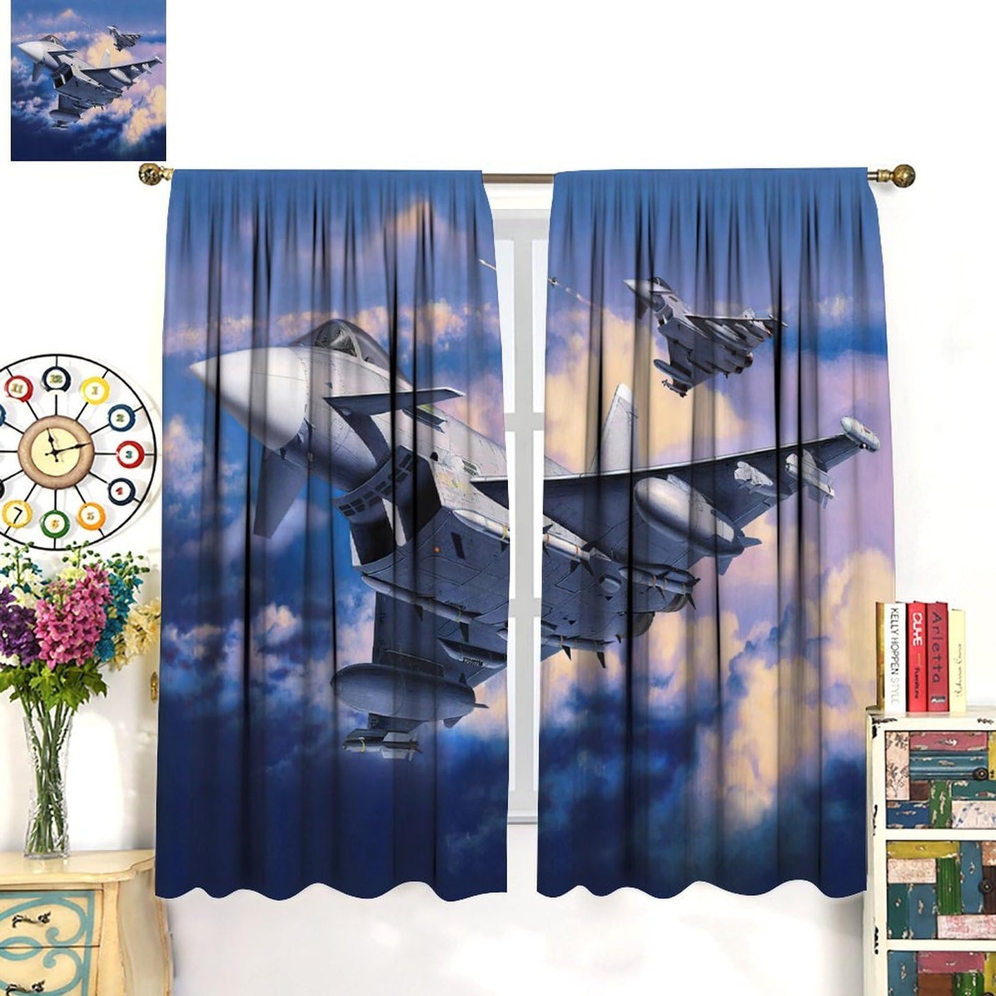VUMIVI Fighter Jet Curtains European Combat Aircraft Typhoon Rafale Soaring 3D Close-Up Military Theme Rod Pocket Window Treatments for Boys Bedroom Kitchen Living Dining Room Office 42" W X 44.5" L