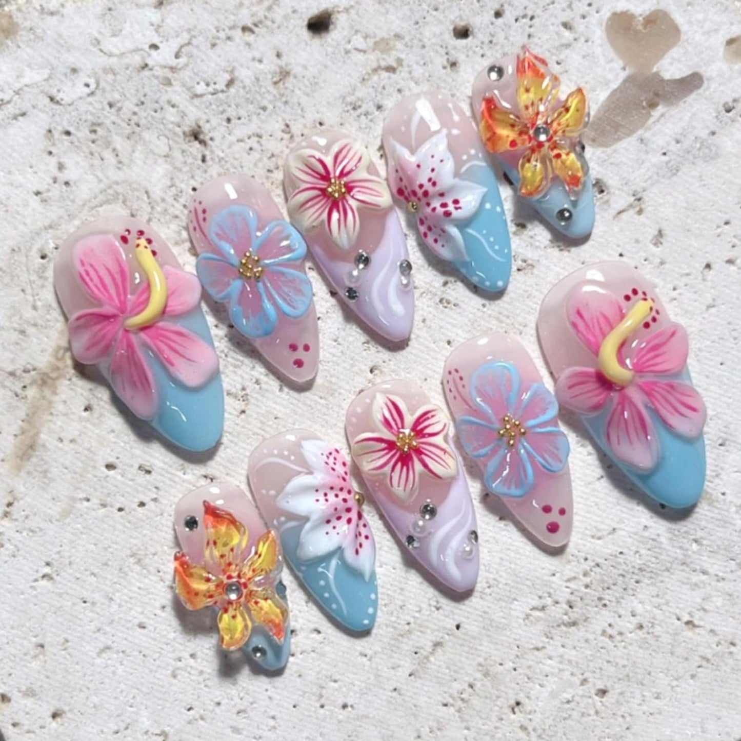24Pcs Spring Flower Press on Nails Medium Blue French Tip Fake Nails with 3D Floral & Pearl Cute Flower Acrylic Nails Gradient French False Nail Almond-Shaped Full Cover Stick on Nails for Women