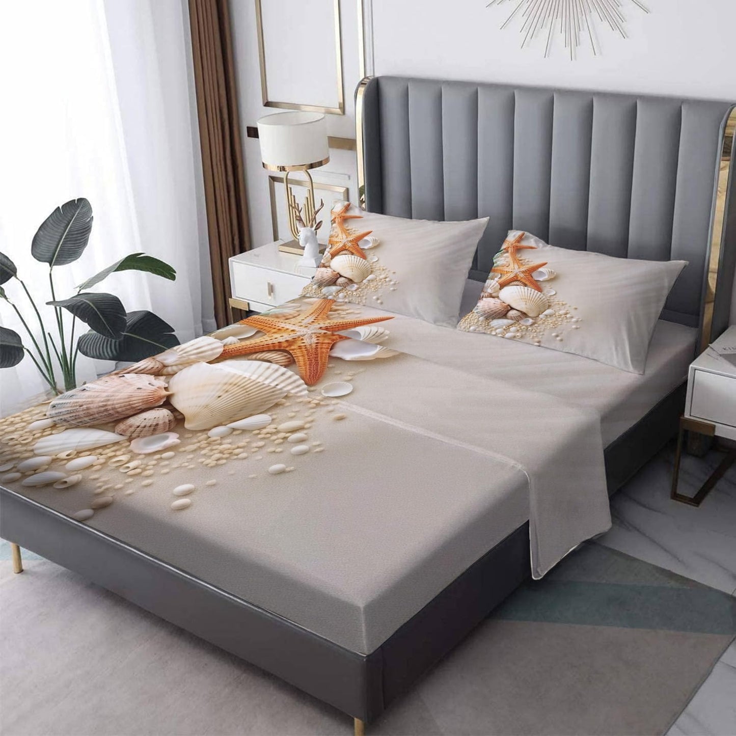 King Size Sheets Set - Beach Theme Bed Sheets, Starfish Seashell Bedding Sheets & Pillowcases, Soft Microfiber & Deep Pocket & Wrinkle Free Sheet Set, 1 Fitted Sheet, 1 Flat Sheet, 2 Pillow Cases