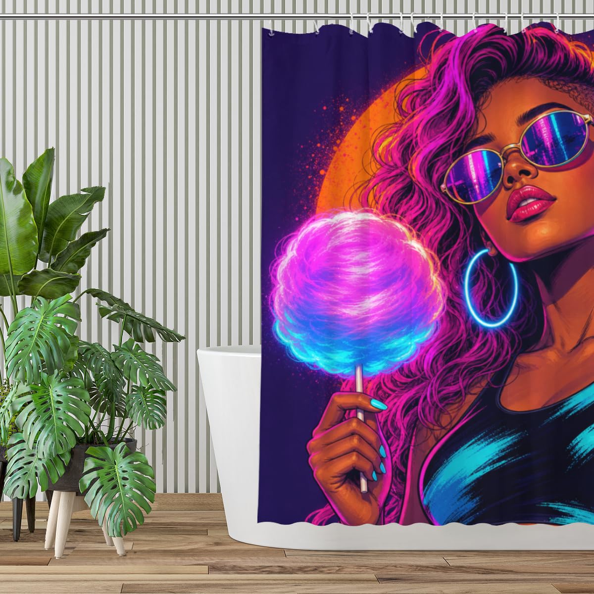 TopPacific Cotton Candy Woman Shower Curtain 72x72 Inch Shower Curtain with 12 Hooks Polyester Woman Sunglasses Cotton Candy Neon Circle Background Bathroom Decor