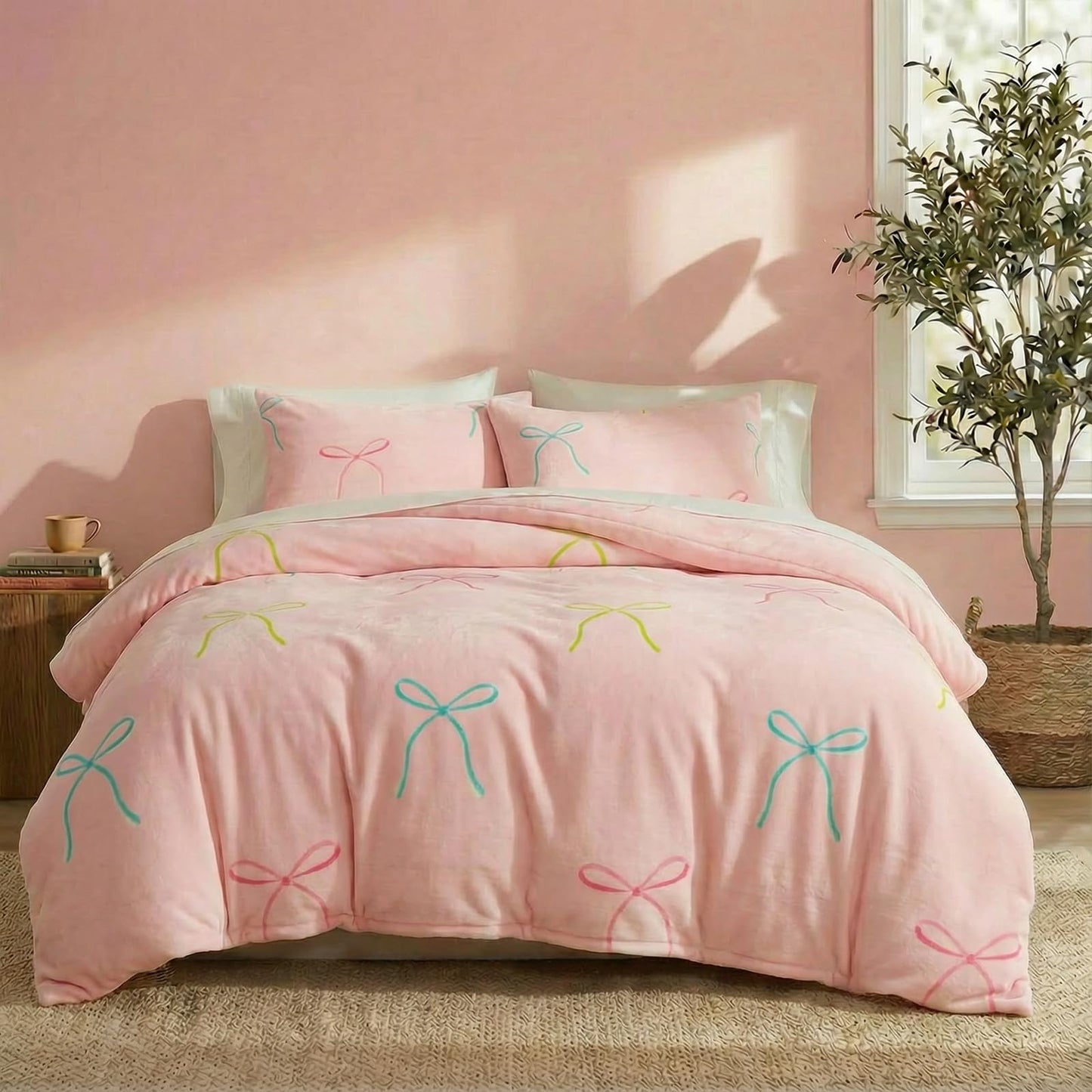 Bedbay Pink Bow Comforter Set King Size Warm Fluffy Fleece Bedding Set Cute Bowknot Teen Girls Ultra Soft Plush Velvet Comforter King Bed Set Sweet Bow Tie Dreamy Princess Style Bedding 3 Pcs