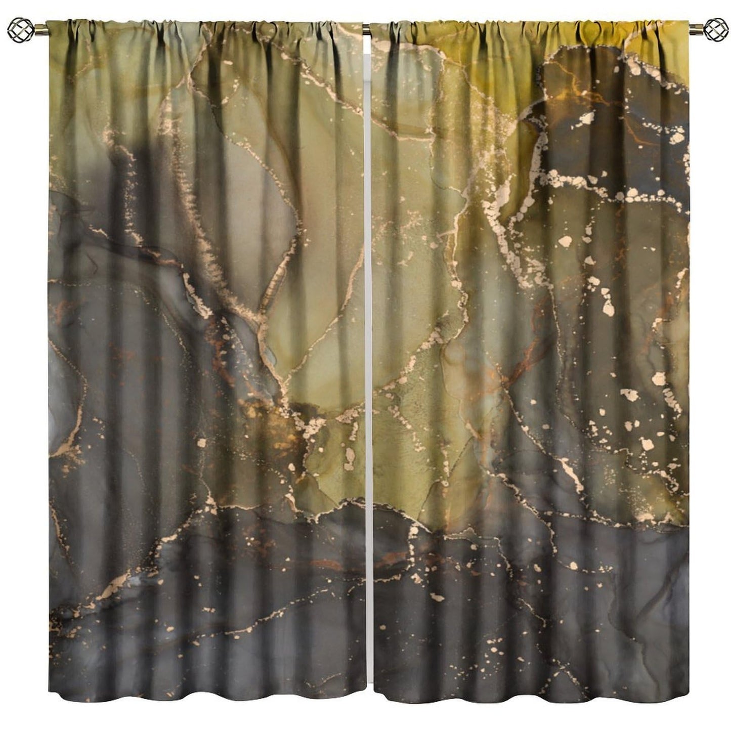 Ink Marble Kitchen Curtains Aesthetics Abstract Golden Foil Inked Textured Moss Green and Charcoal Grey Modern Rod Pocket Window Treatments for Bedroom Living Room 2 Panels Set 41" x 45"（No Blackout）
