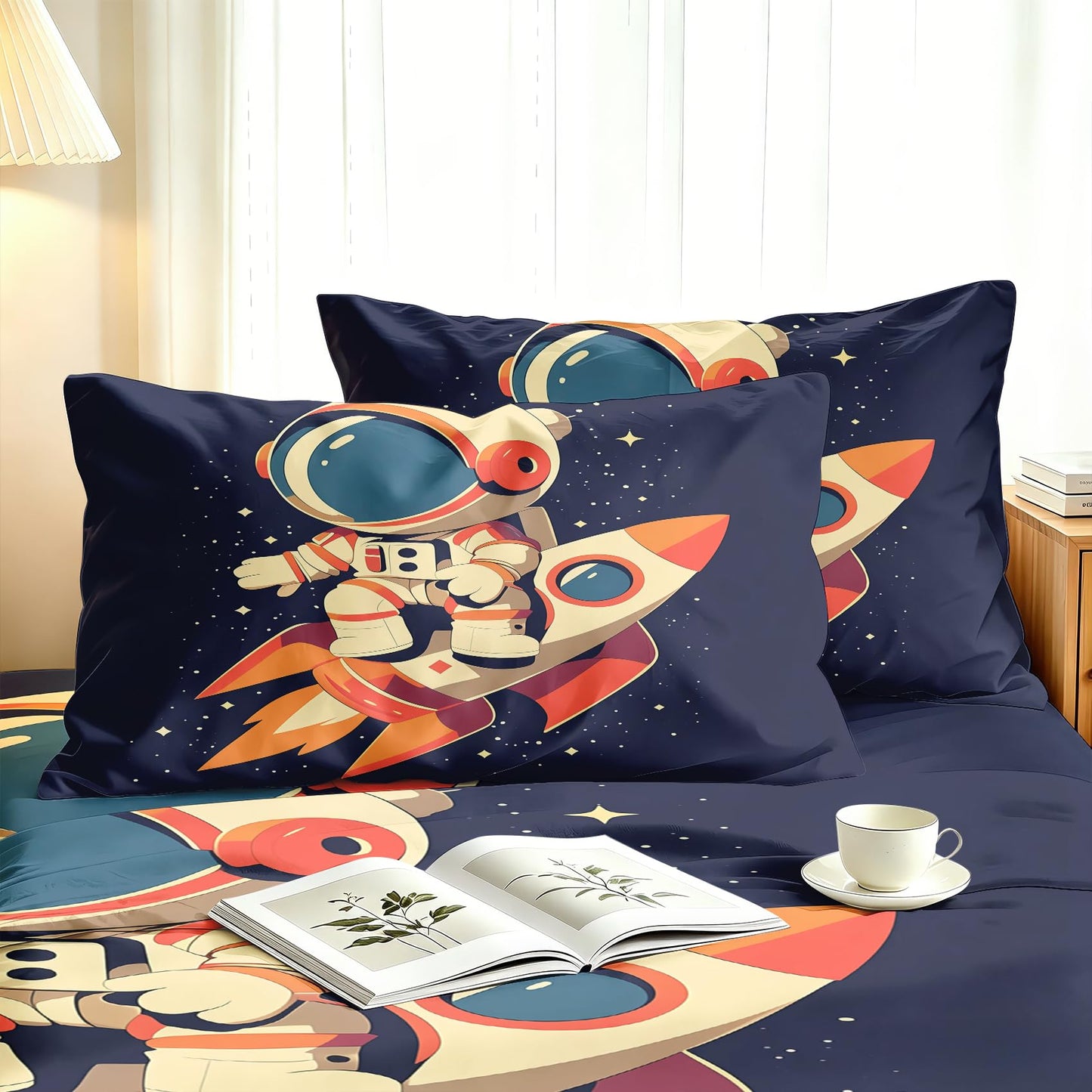 Astronaut Queen Sheet Set Kids Rocket Ship Flat Fitted Sheet Sets
