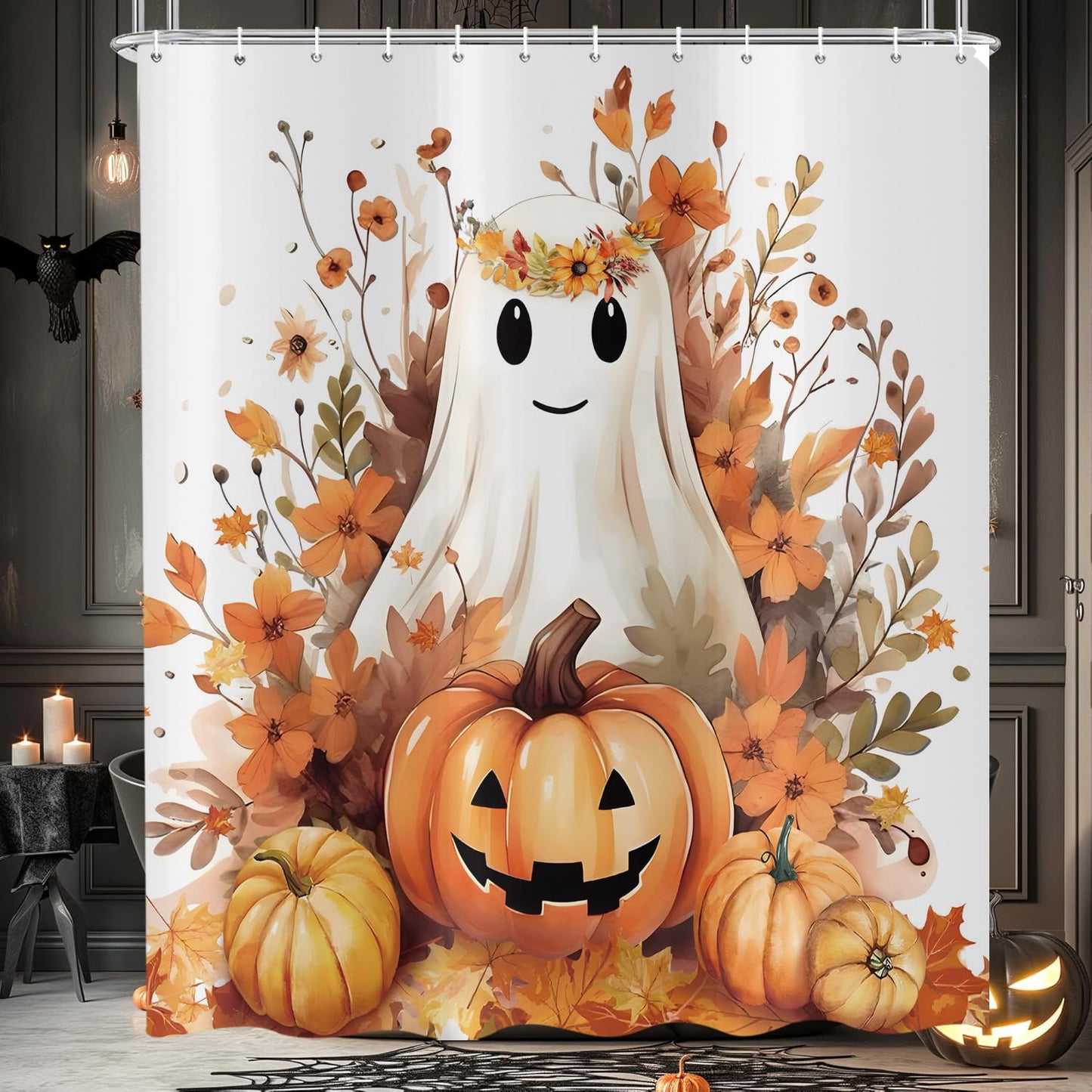 deFouliao Halloween Shower Curtain White Cute Ghost Fall Pumpkin Floral Bathroom Curtain Sets for Halloween Autumn Bath Home Decor, Waterproof Fabric Decor with Hooks 72x72 Inch