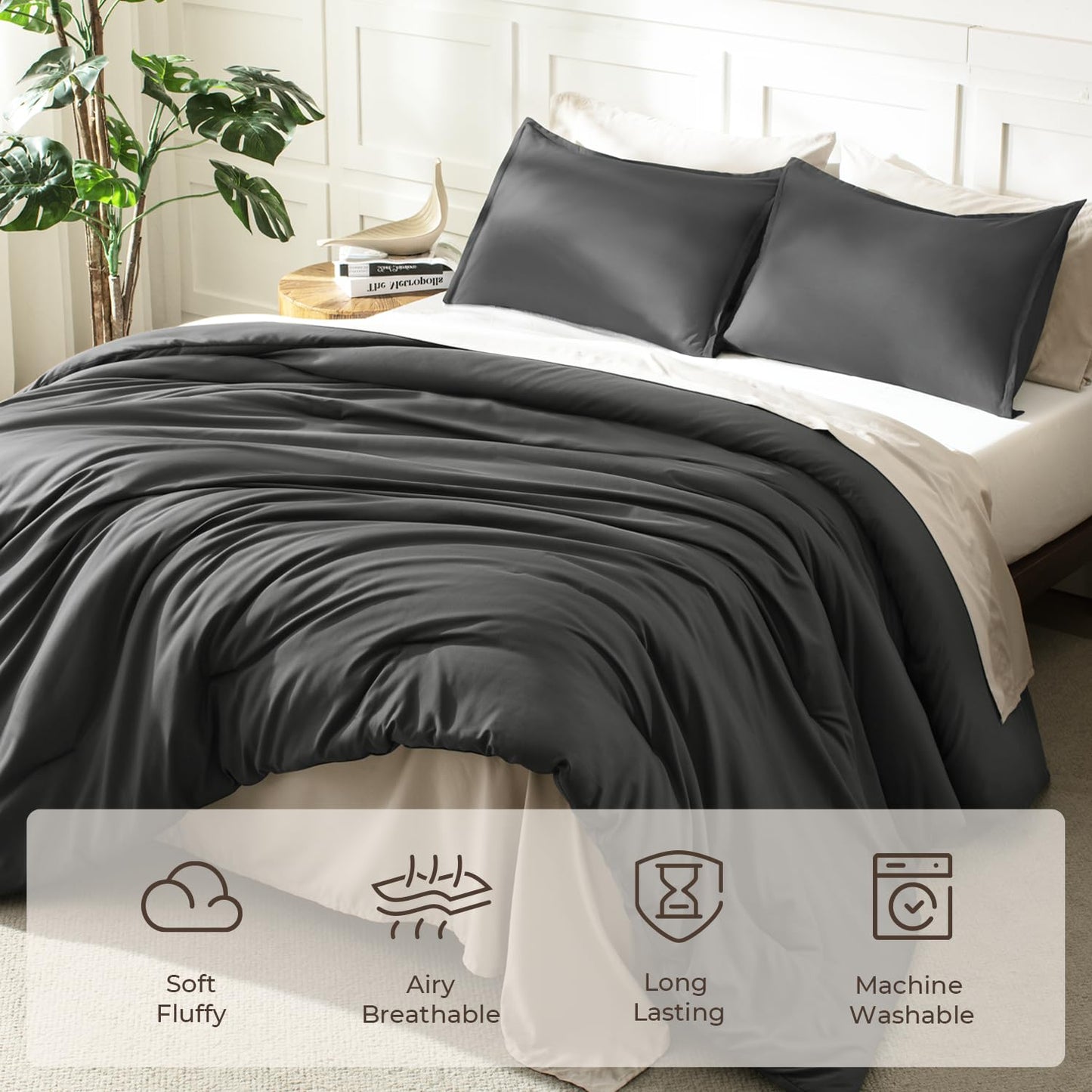 Litanika Grey Comforter King Size Set, Dark Gray Lightweight Plain Bedding Comforters Sets, All Season Fluffy Bed Set (104x90In Comforter & 2 Pillowcases)