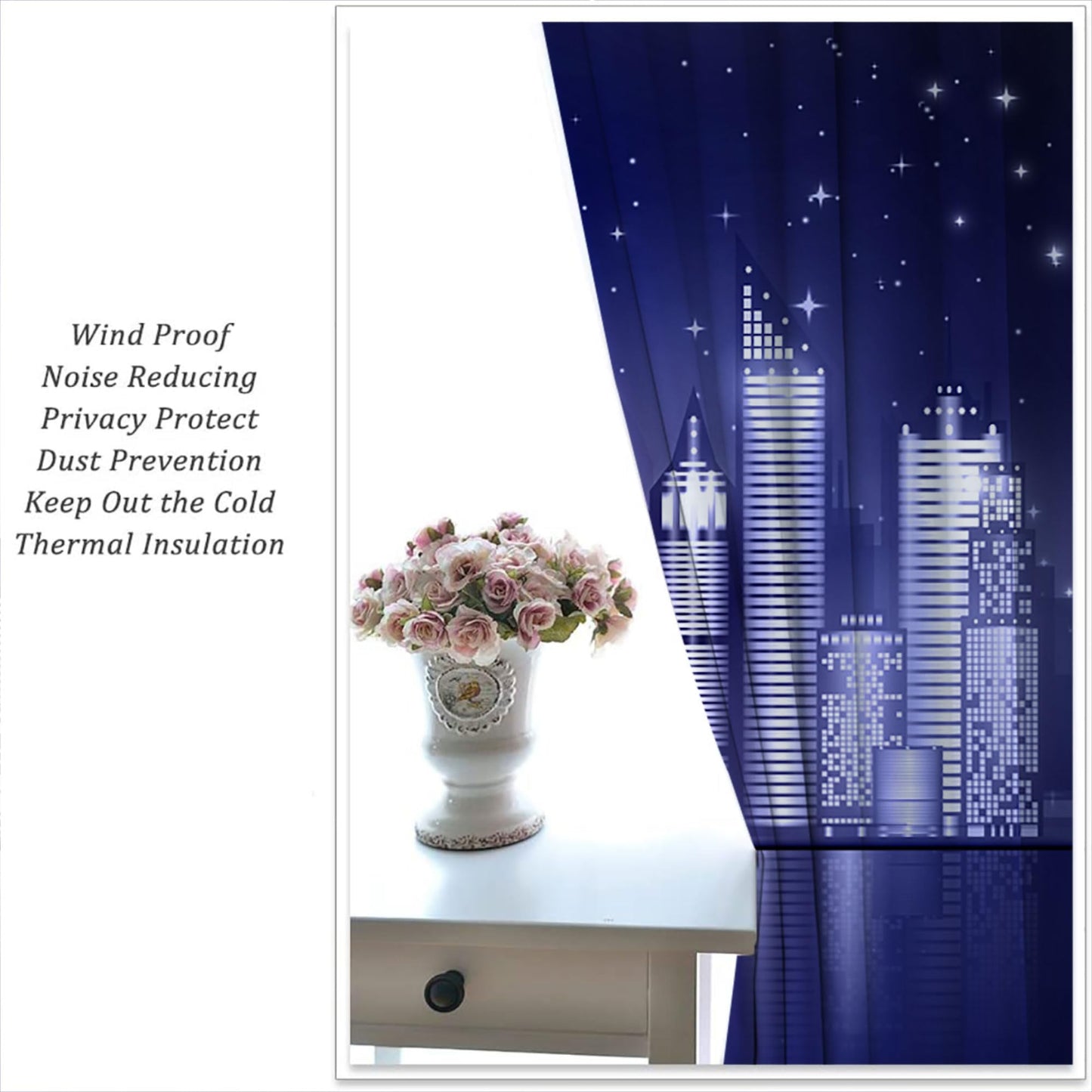 PYMATYTN City Rod Pocket Blackout Curtains for Boy Girl Bedroom, New York Skyline Modern City Starry Sky Night View Thermal Insulated Home Window Drapes for Living Room Darkening, 42x45 inch