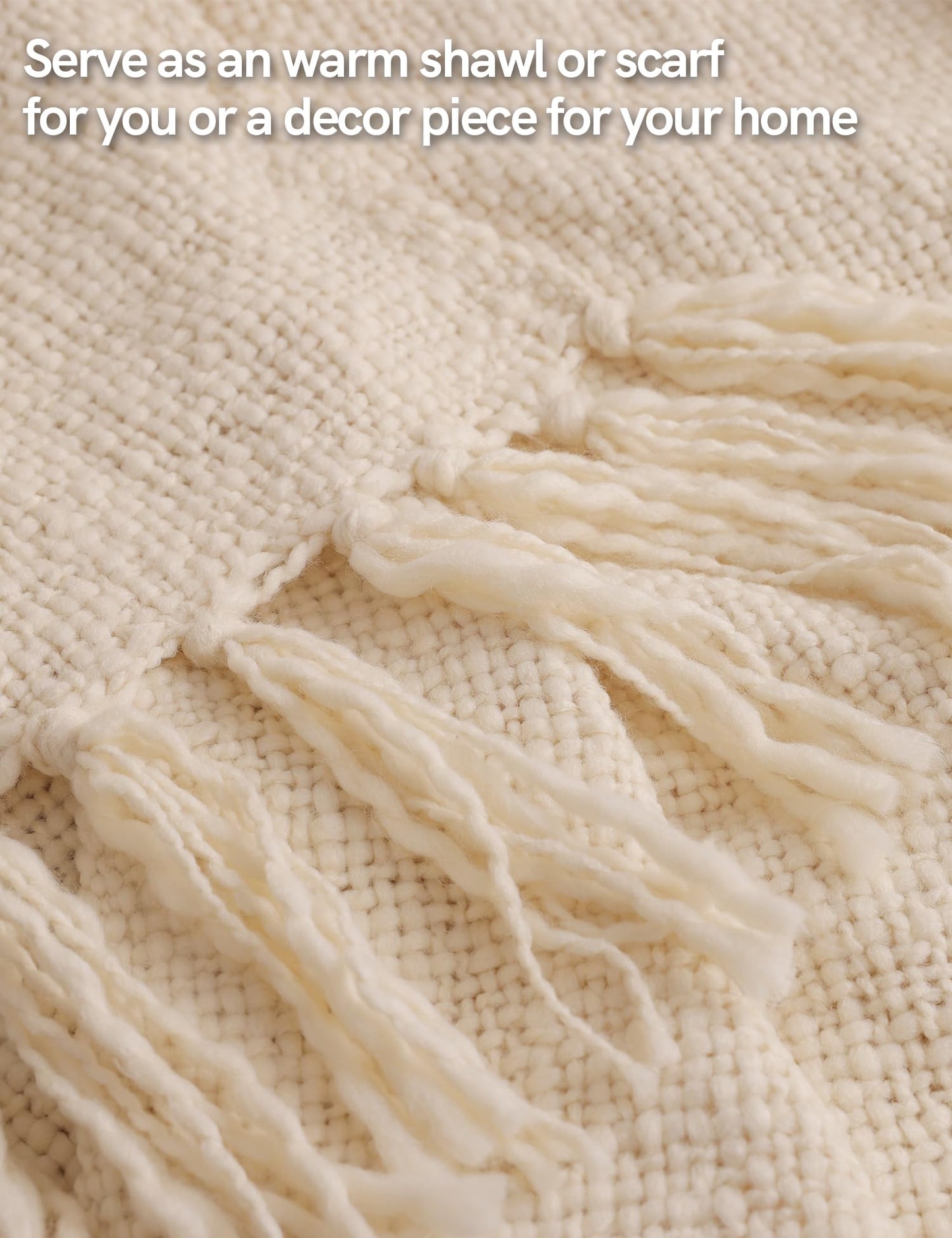 YnM Basketweave Knit Throw, Solid Neutral Vibe Textured Blanket with Tassel for Home Decor, 50 x 60 in, Cream