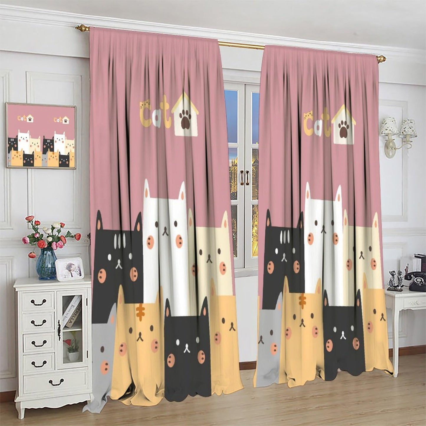 Cat Blackout Curtains Colorful Funny Cute Cartoon Animal Cat Modern Simple Art Kids Girls Boys Women Bedroom Living Room Bathroom Kitchen Rod Pocket Decoration Window Drapes 2 Panels W21xL45in