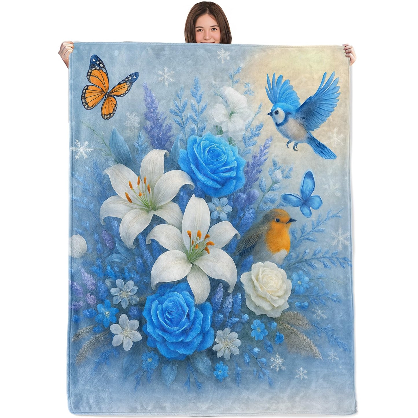 WKEDIN Winter Floral and Bird Blanket,50x60in,Cozy Flannel Throw with Blue Rose White Lilie Butterfly Snowflakes Design,Soft Lightweight Gifts Blankets for Women,Sofa Bed Travel Farmhouse Decor