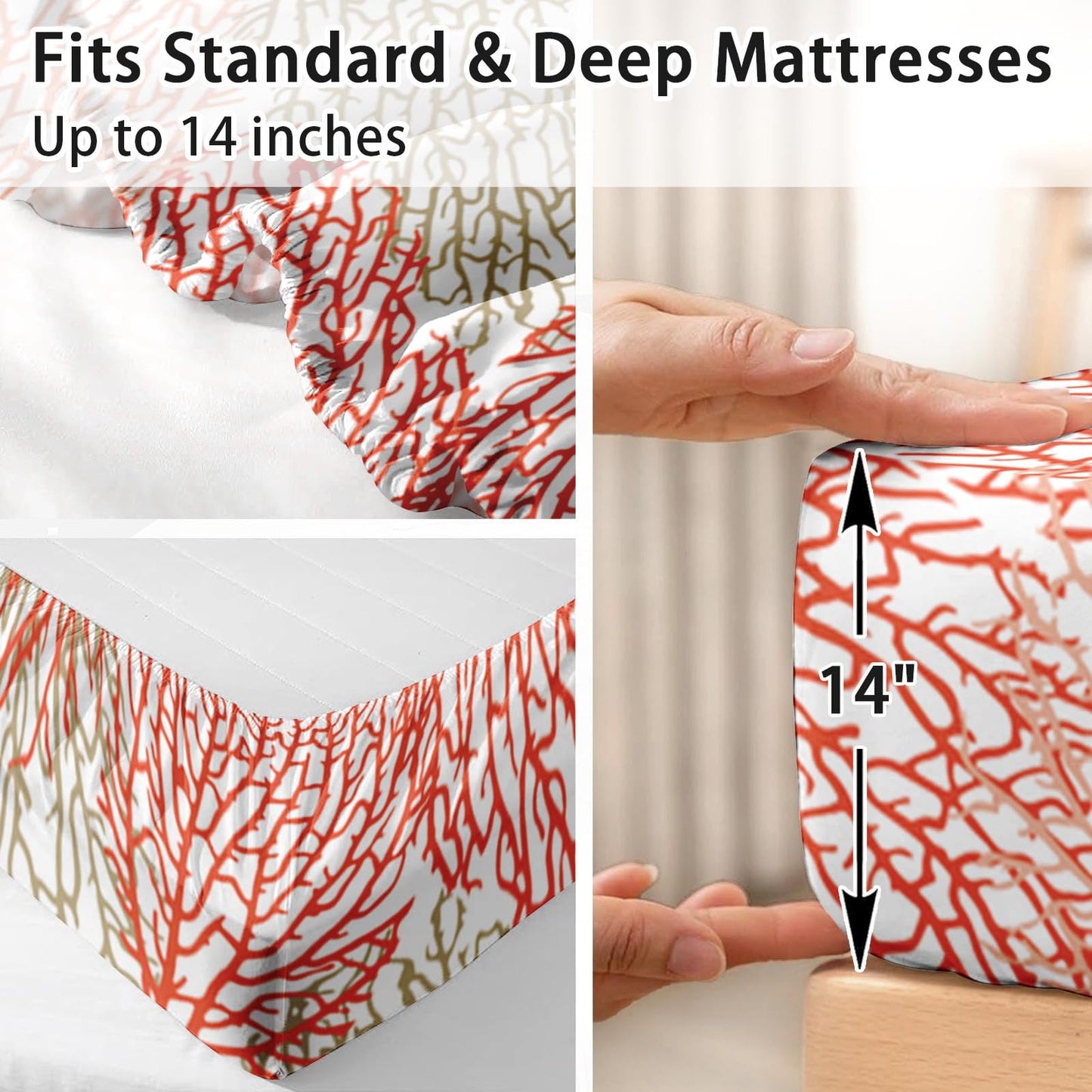 Pamnest Full Size Bed Sheet Sets, Coral Summer Coastal Soft Microfiber 4 Pcs Bedding Sets for Kids and Adults Bedroom Bed Decor, Ocean Sea Tropical Plant Flat, Fitted Sheet and 2 Pillowcases