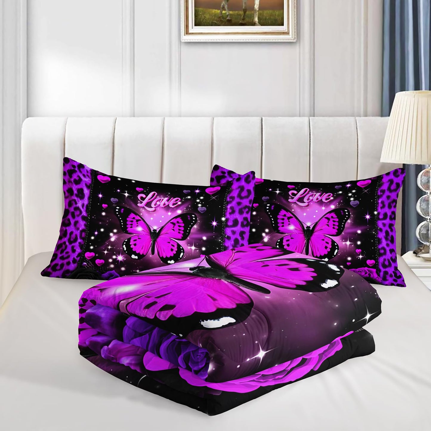 QOOMO 3Pcs Leopard Print Comforter Set Queen Size,Cartoon Butterfly Bedding Set for Teens Boys Girls,Purple Comforter with 2 Pillowcases,Soft and Lightweight