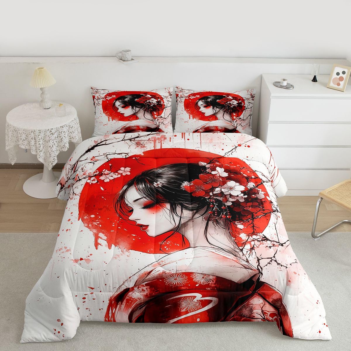 jejeloiu Japanese Geisha Comforter Set All Season Japanese Ukiyoe Bedding Set with 2 Pillow Cases Cherry Blossom Microfiber Kids Queen Bedclothes Red Sun Bedroom Decor Duvet Quilt Breathable Soft