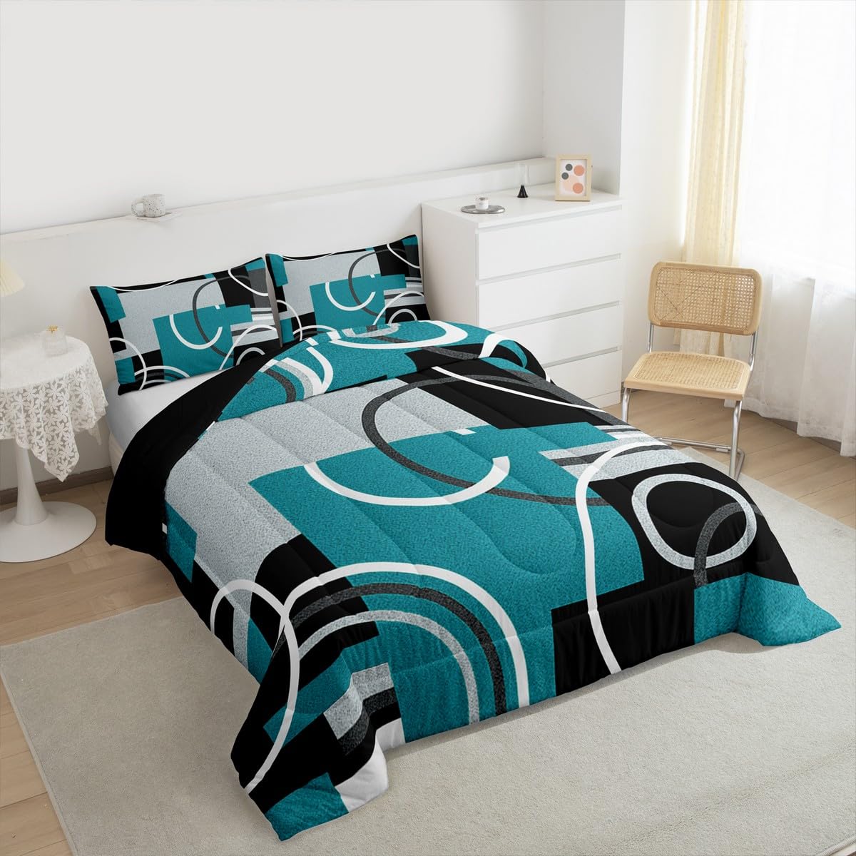 Erosebridal Modern Turquoise Decor Comforter Queen Geometric Circles Gird Bedding Set For Boys Girls Kids Teens Adult Black Grey Down Stripe Swirls Duvet Graphic Texture Quilted (GHS2936XXY-BZ_USq)