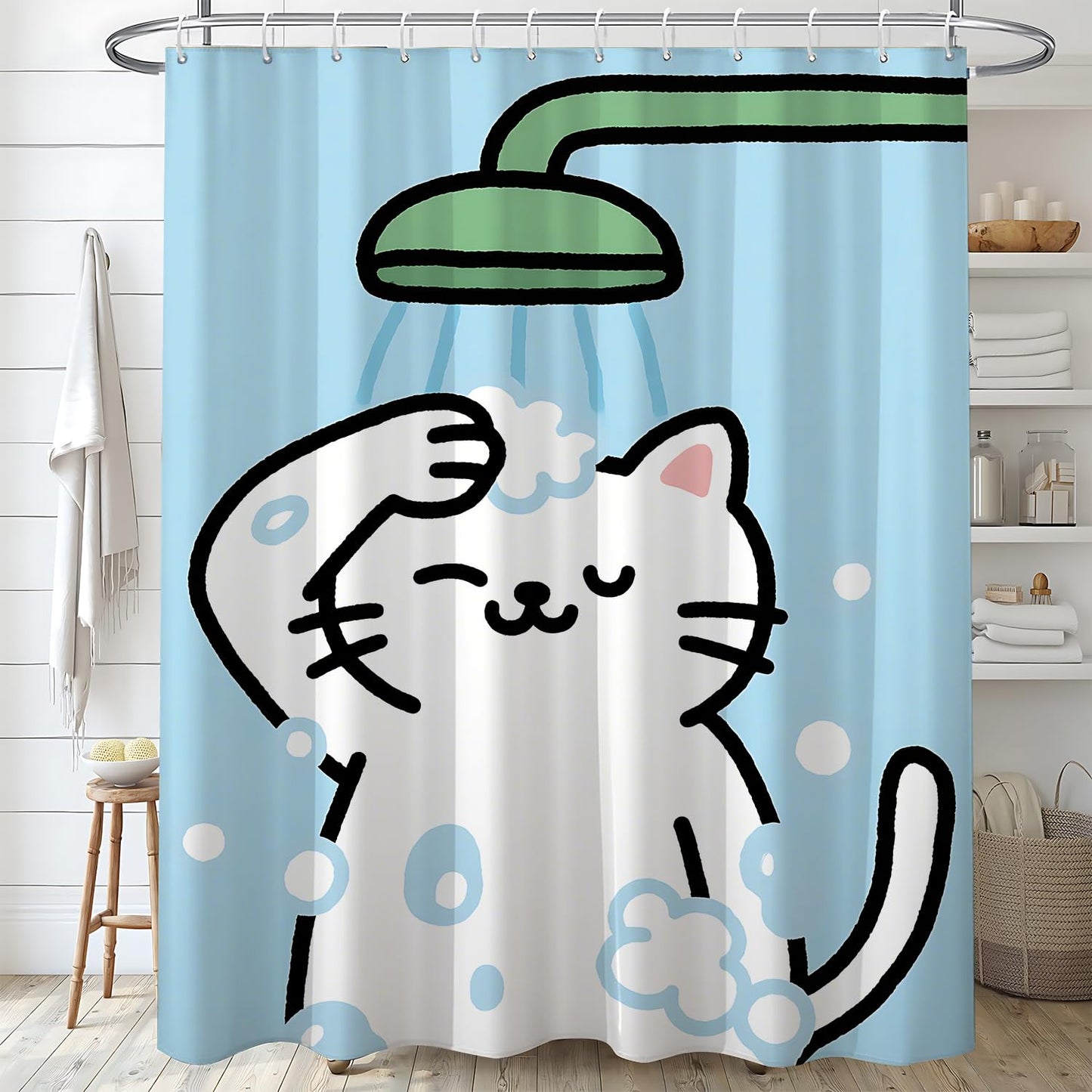 THISFIND Cute Cat Bath Time Shower Curtain- Cute Cartoon Kitten Showering with Bubbles, Waterproof Bathroom Decor Set with Hooks 72x72 Inches